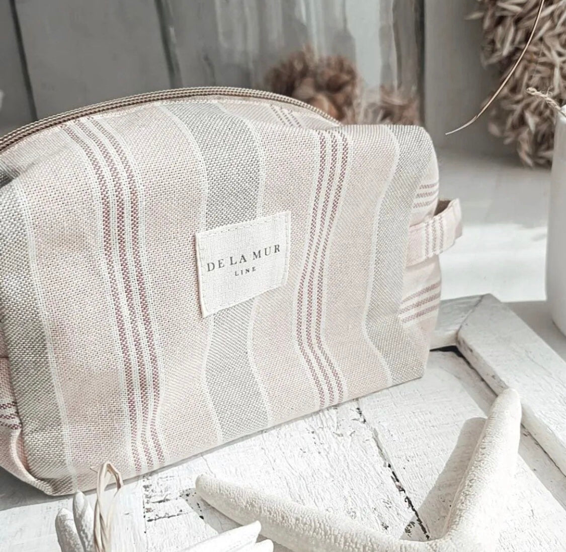 Pink Striped Linen Toiletry Bag with handle