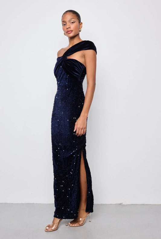 Alison sequin drop shoulder velvet dress navy