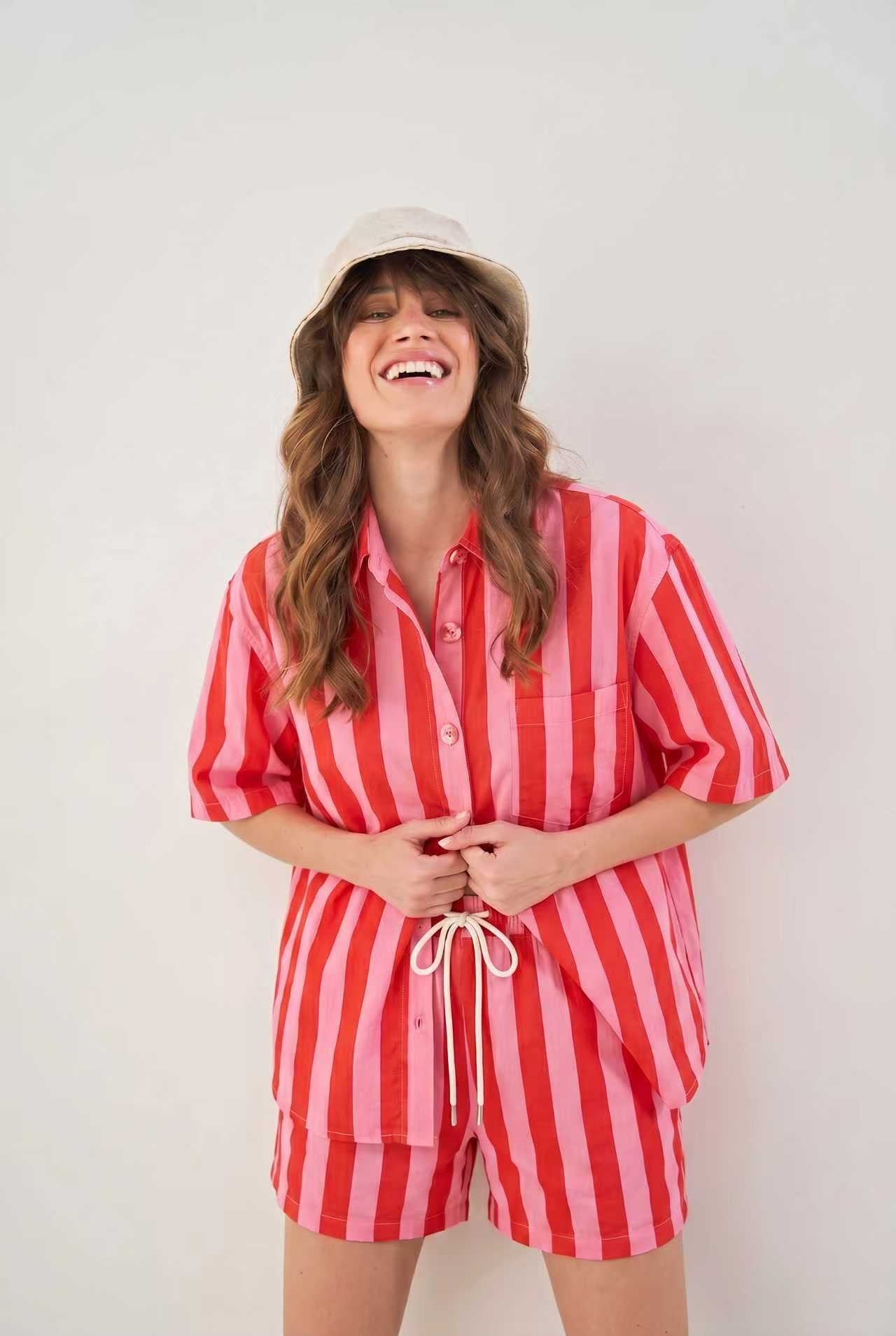 Elodie pink & red stripe shirt