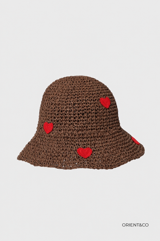 Red heart dark straw bucket hat