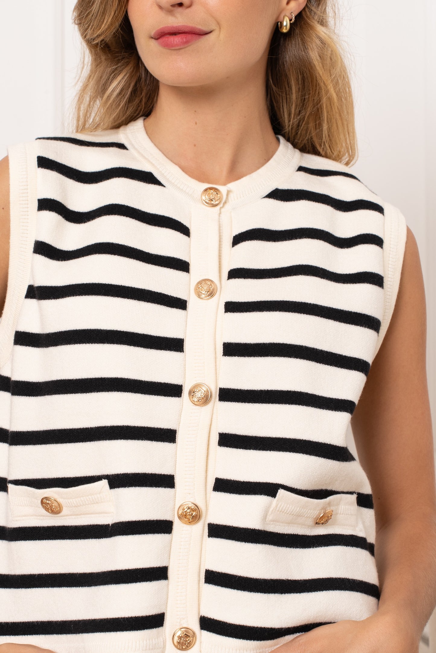 Naomi black stripe wool waistcoat gold buttons