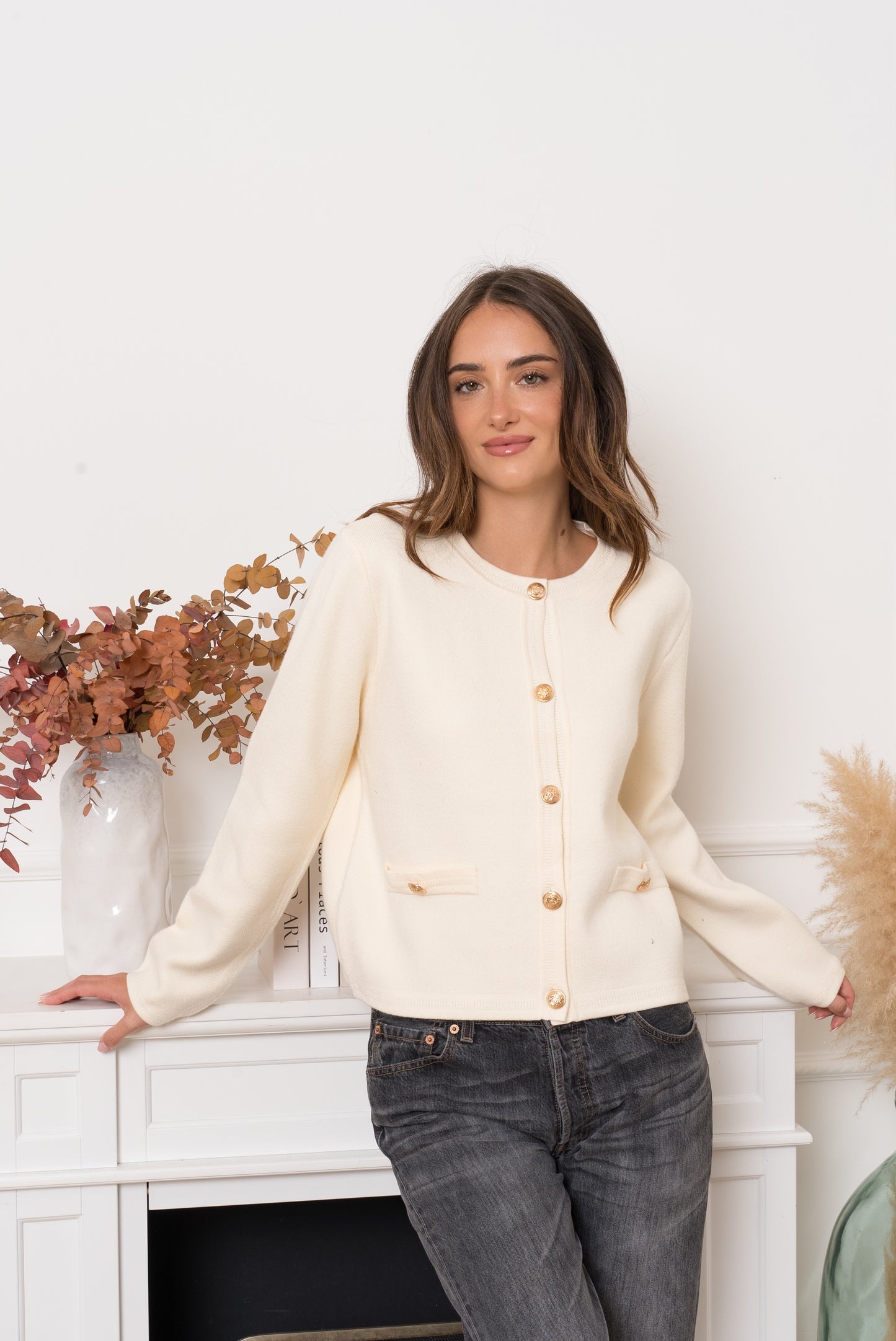 Mary-kate ivory cardigan with gold buttons