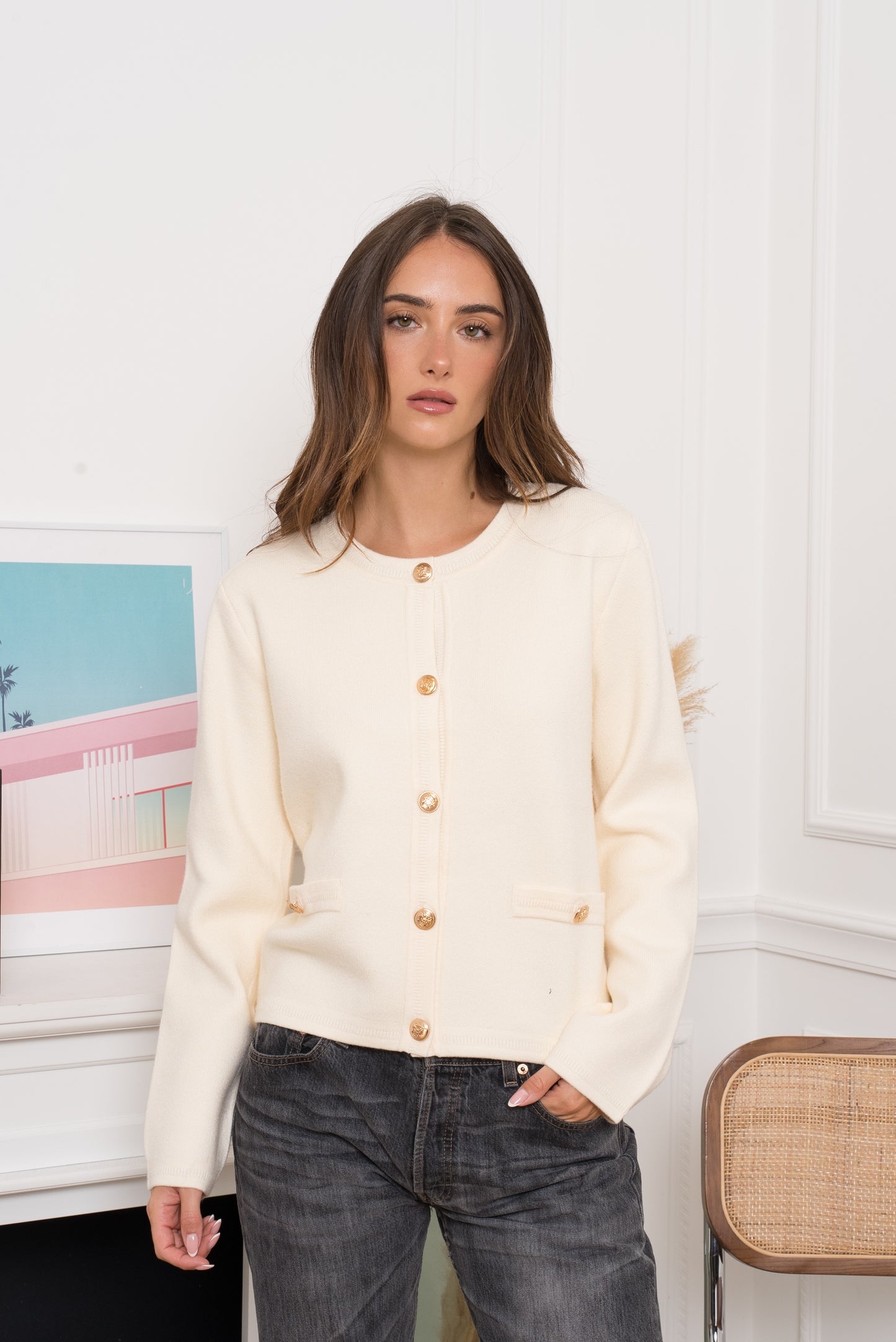 Mary-kate ivory cardigan with gold buttons