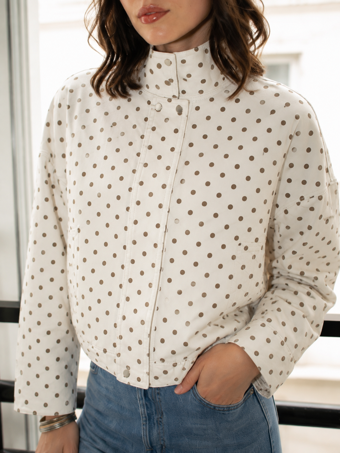 Kate brown polka dot funnel neck jacket