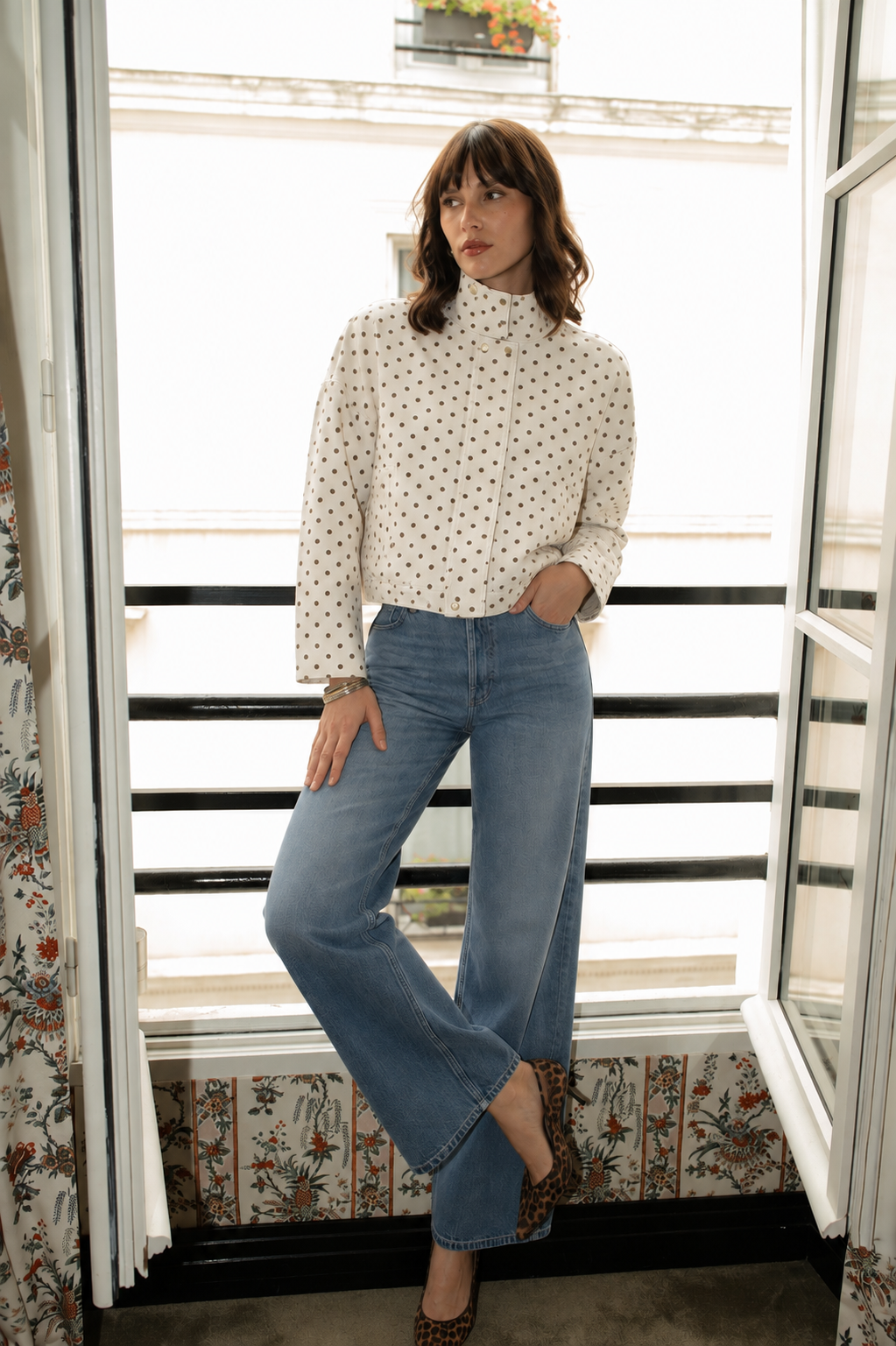 Kate brown polka dot funnel neck jacket