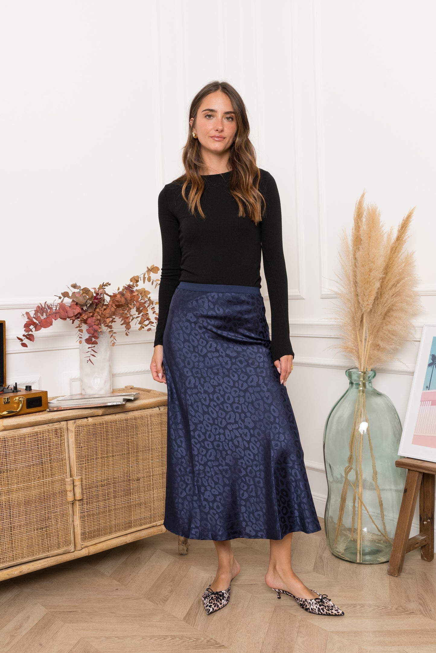 Navy leopard satin slip skirt