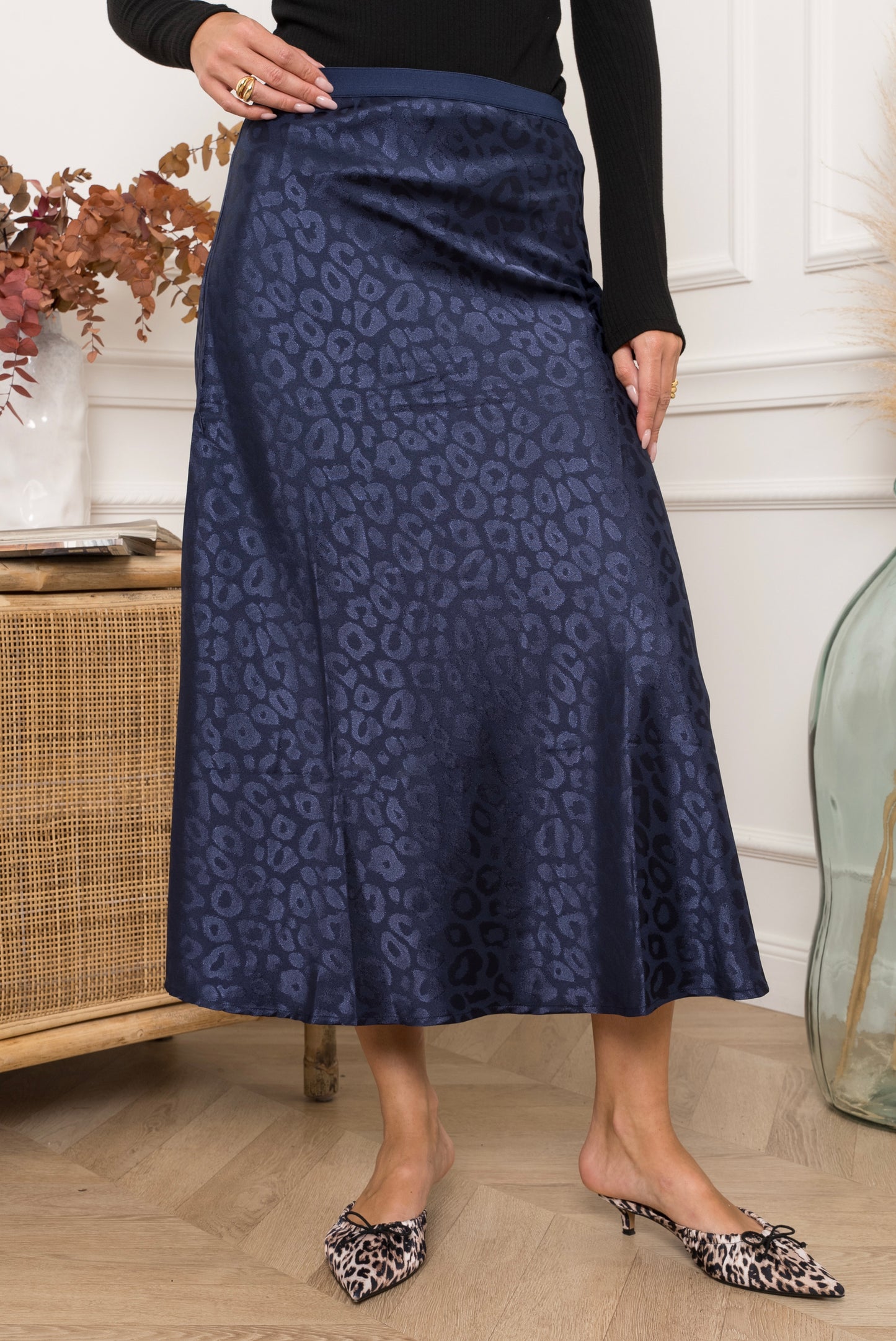 Navy leopard satin slip skirt