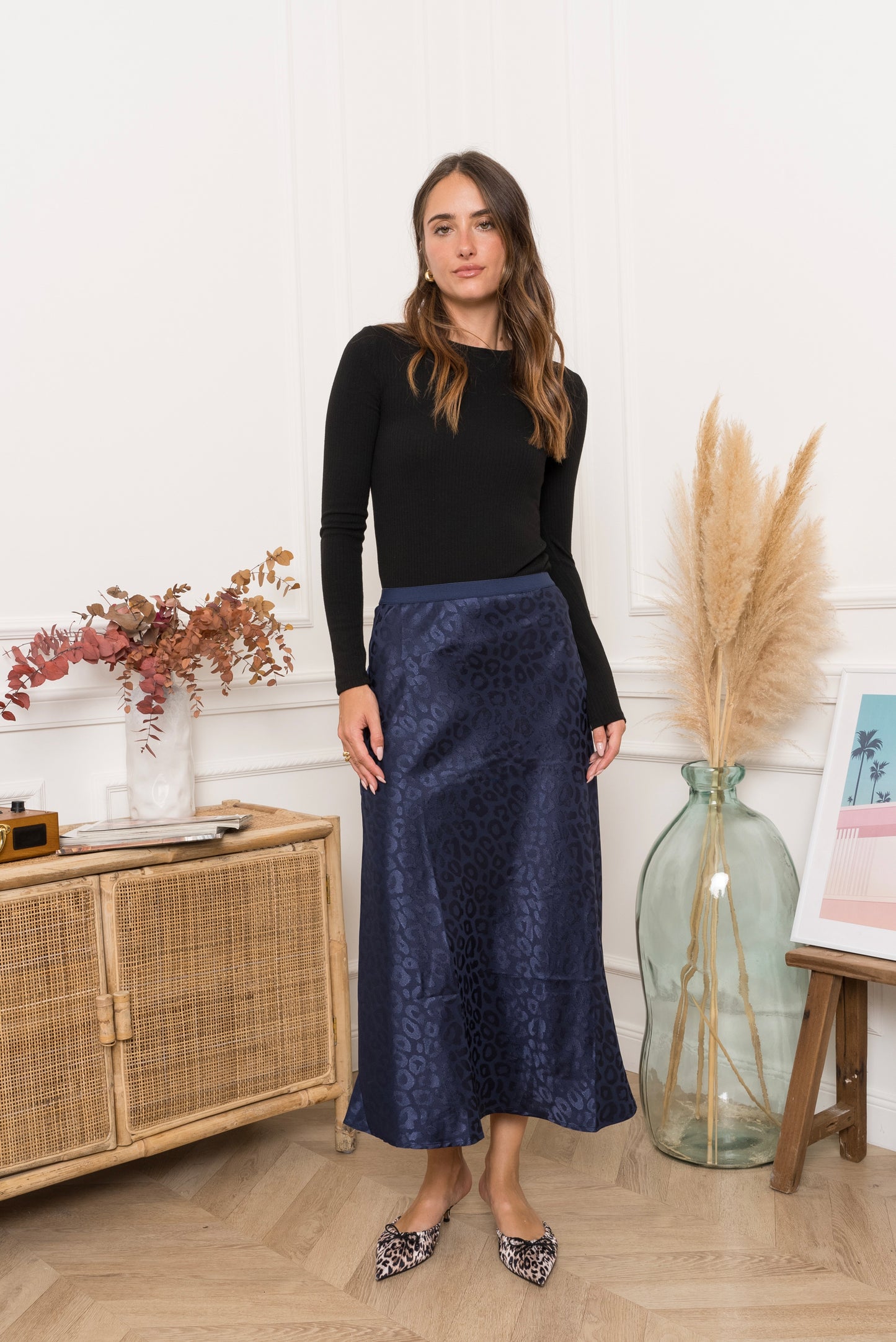 Navy leopard satin slip skirt