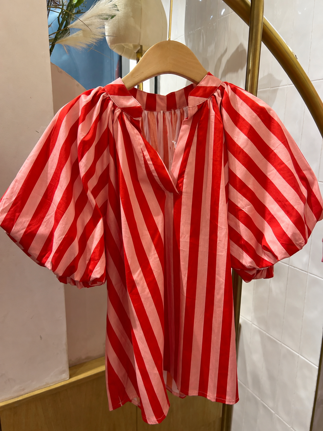 Terry pink and red stripe balloon sleeve top