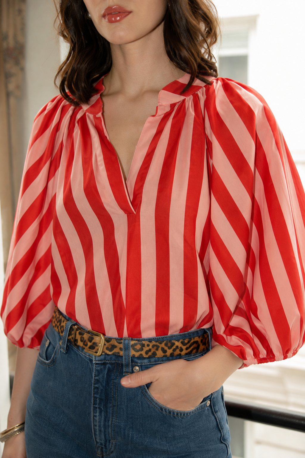 Terry pink and red stripe balloon sleeve top