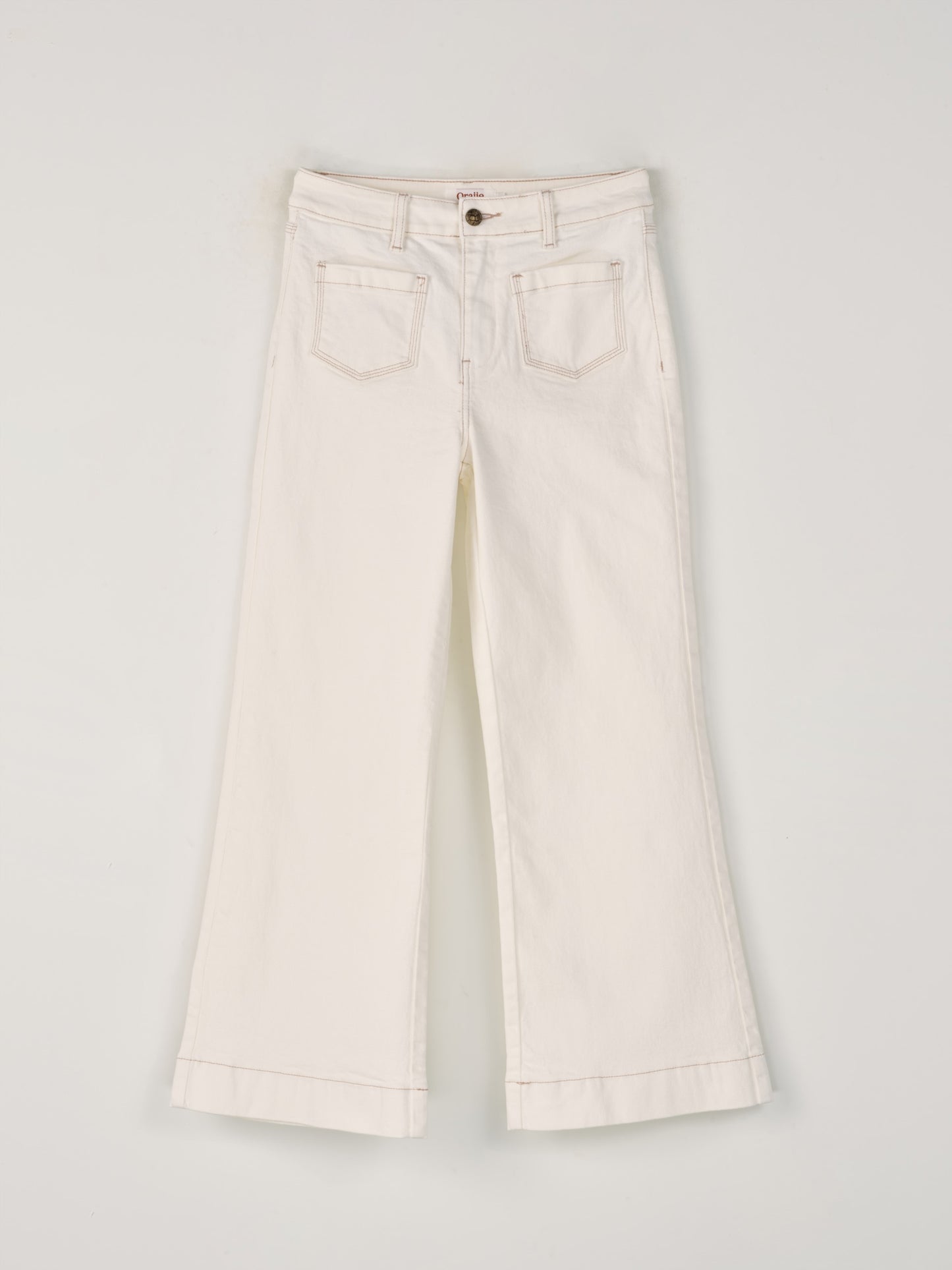 Ecru wide leg jeans with dark stitching