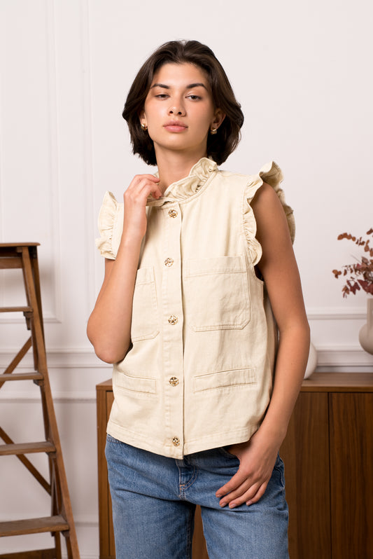 Molly ecru denim frill sleeveless jacket
