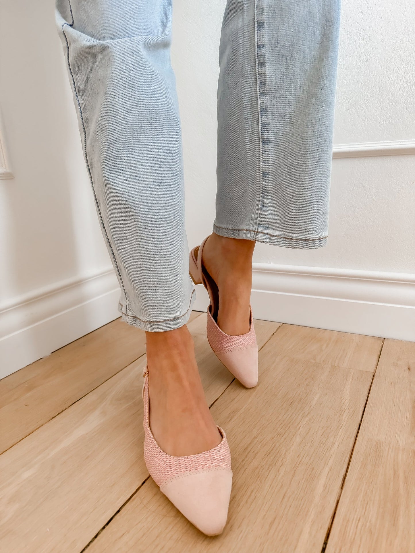 Pink tweed sling back flat shoes