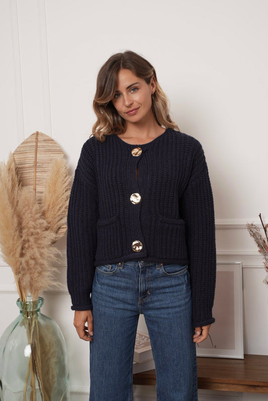 Barbara chunky navy knit with gold buttons