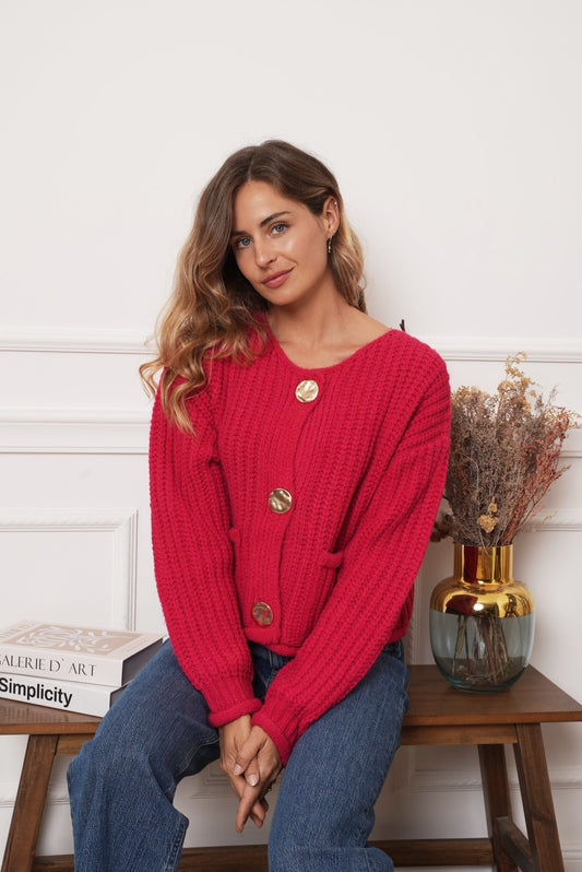 Barbara chunky red knit with gold buttons