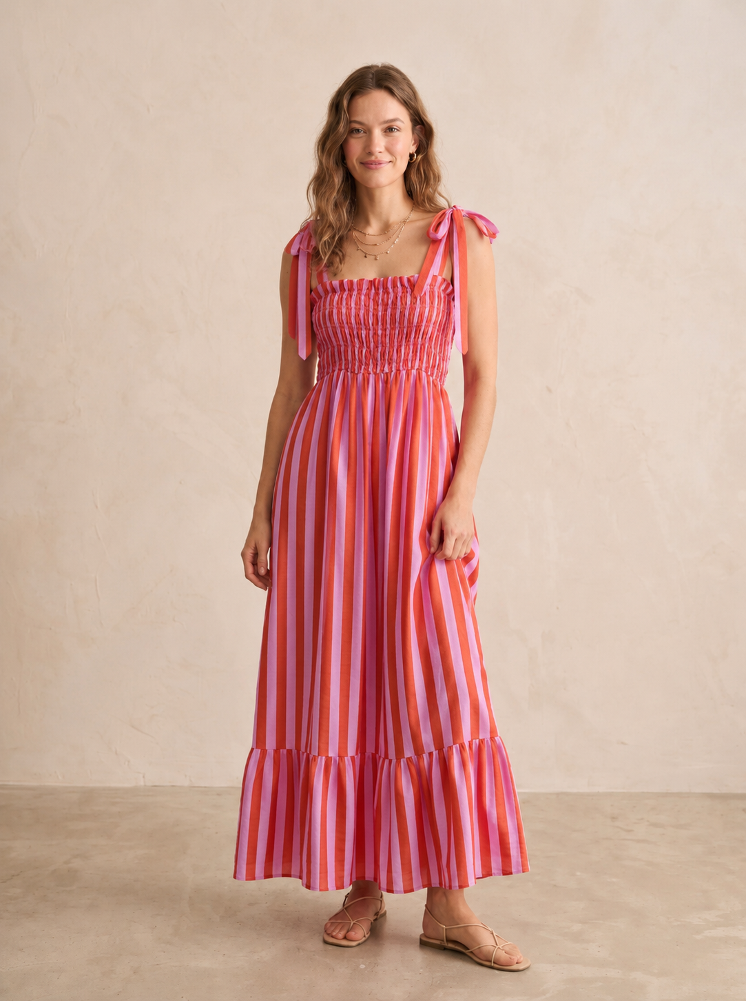 Molly orange & pink stripe bow strap dress