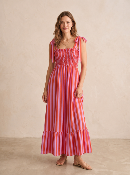 Molly orange & pink stripe bow strap dress