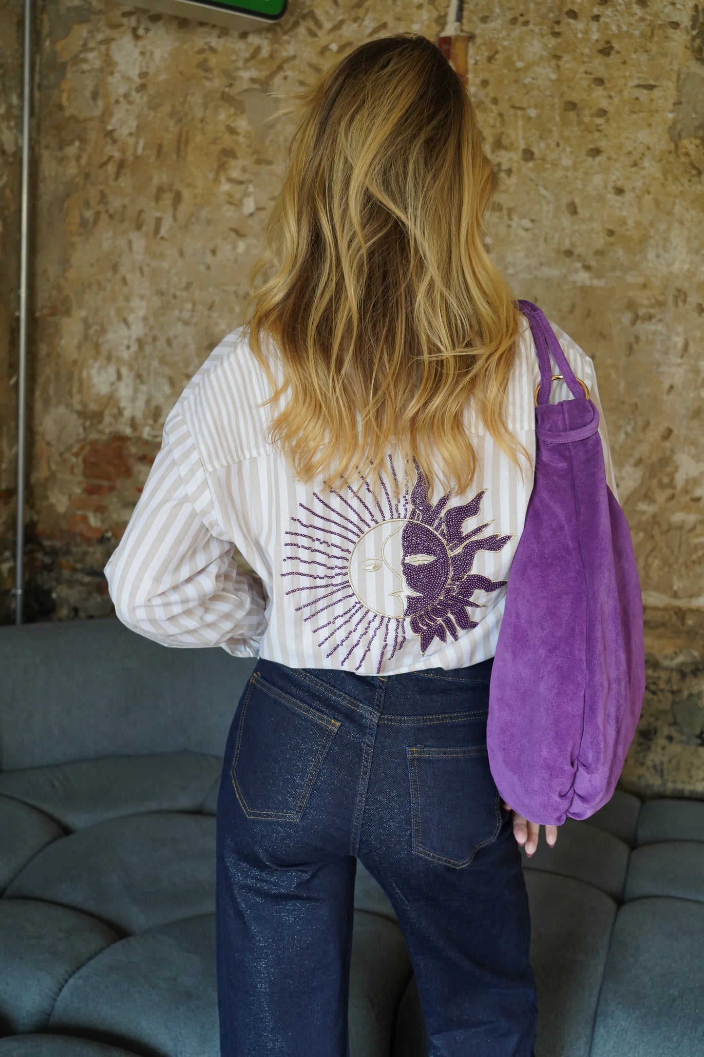 Audrey striped beige beaded sun shirt