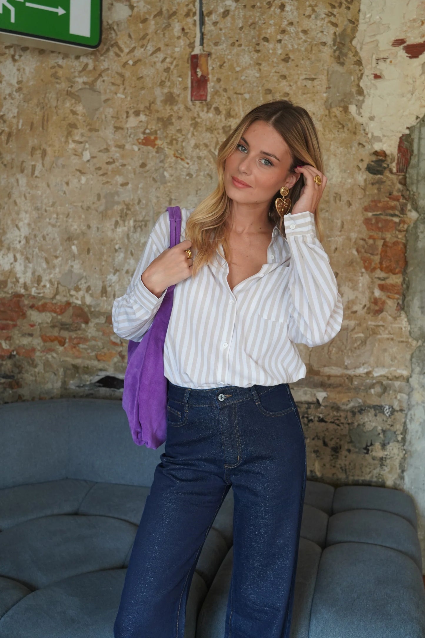 Audrey striped beige beaded sun shirt