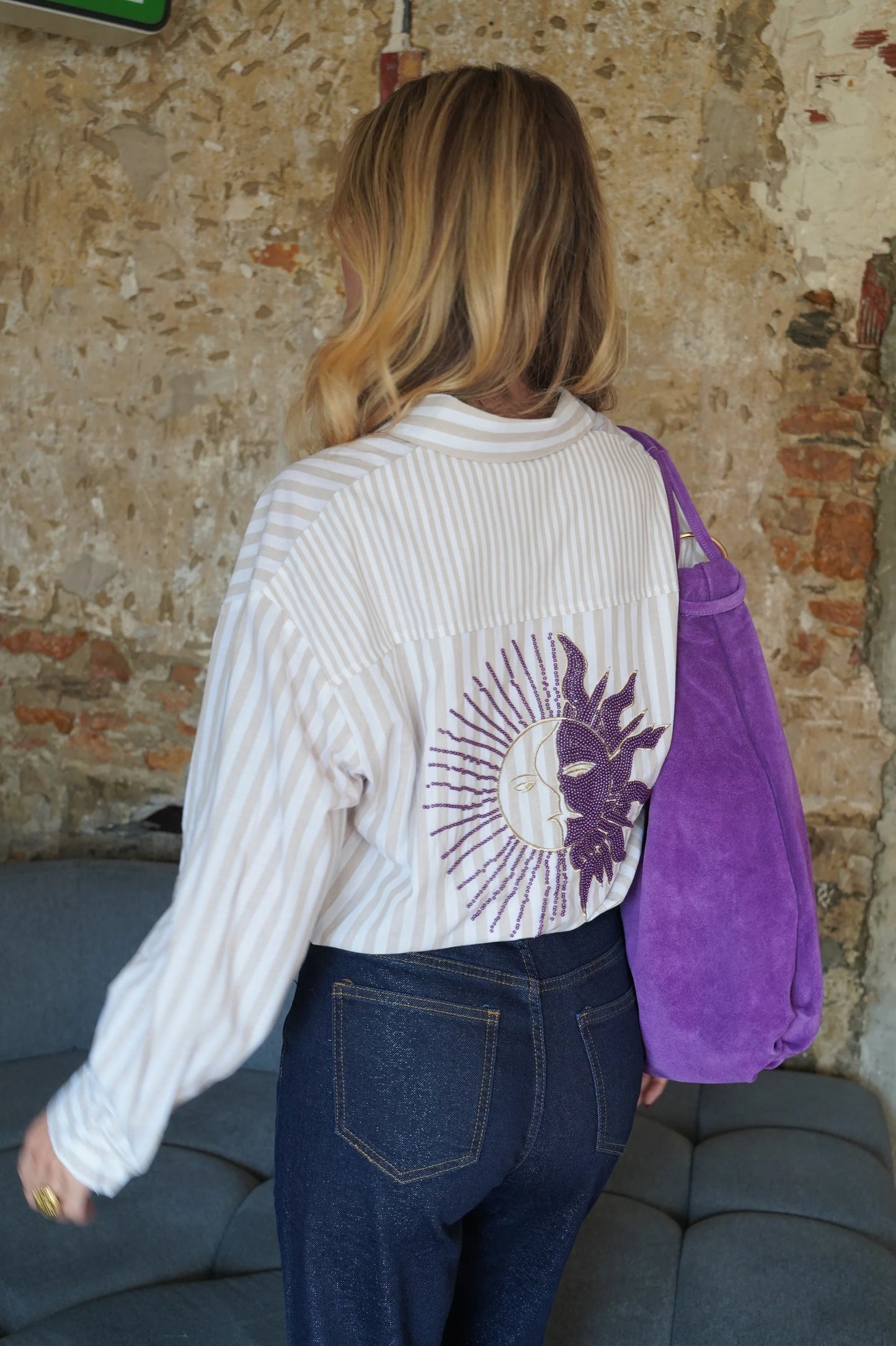 Audrey striped beige beaded sun shirt