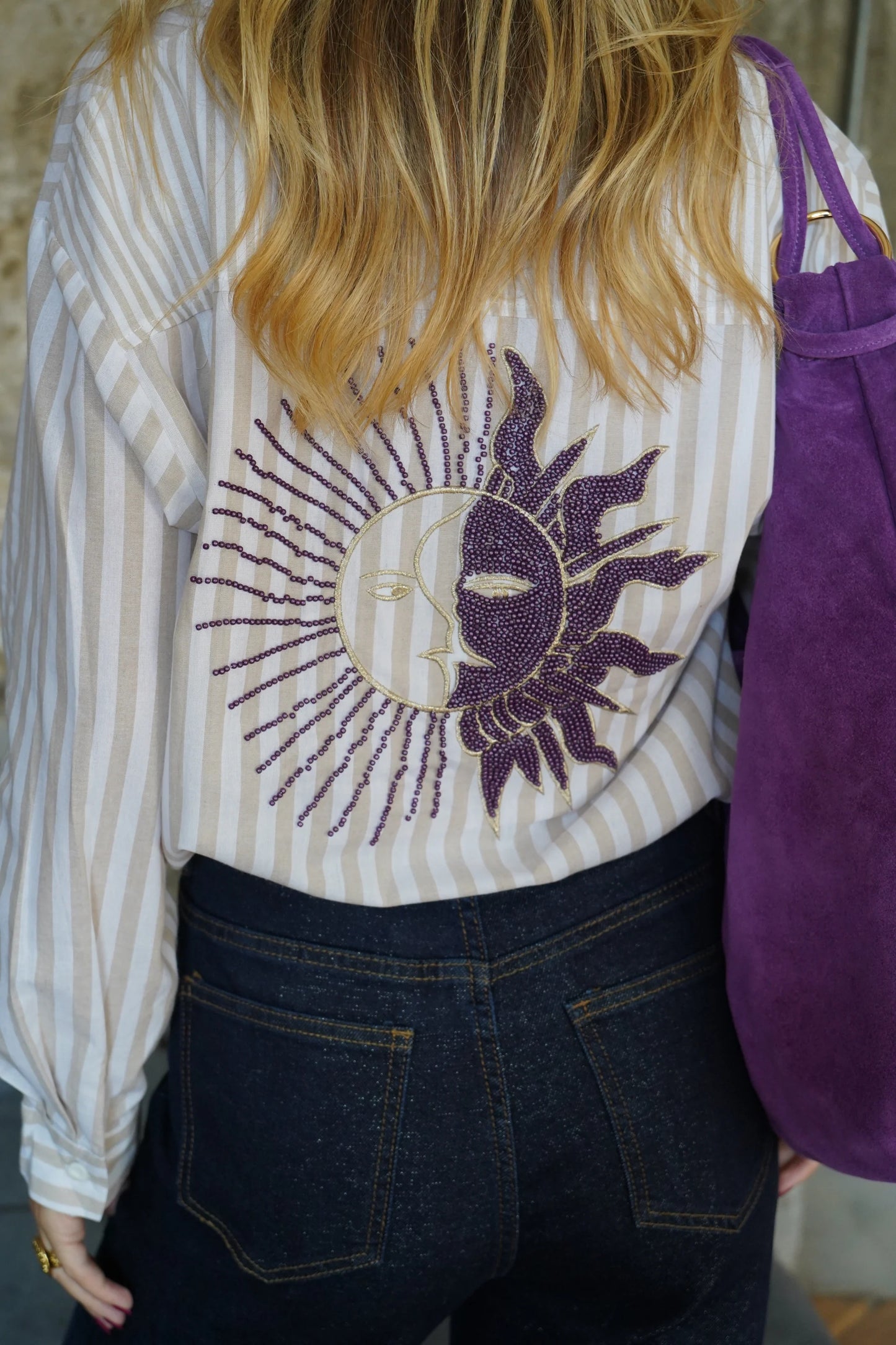 Audrey striped beige beaded sun shirt