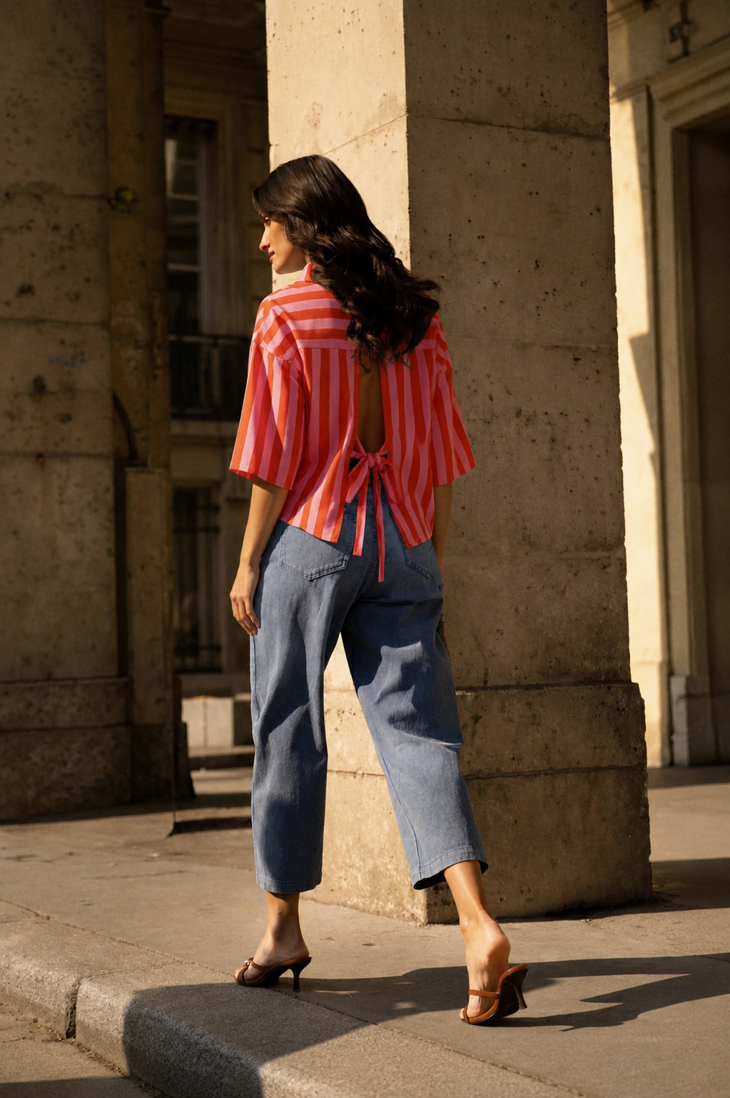 Lara orange and pink stripe bow tie shirt