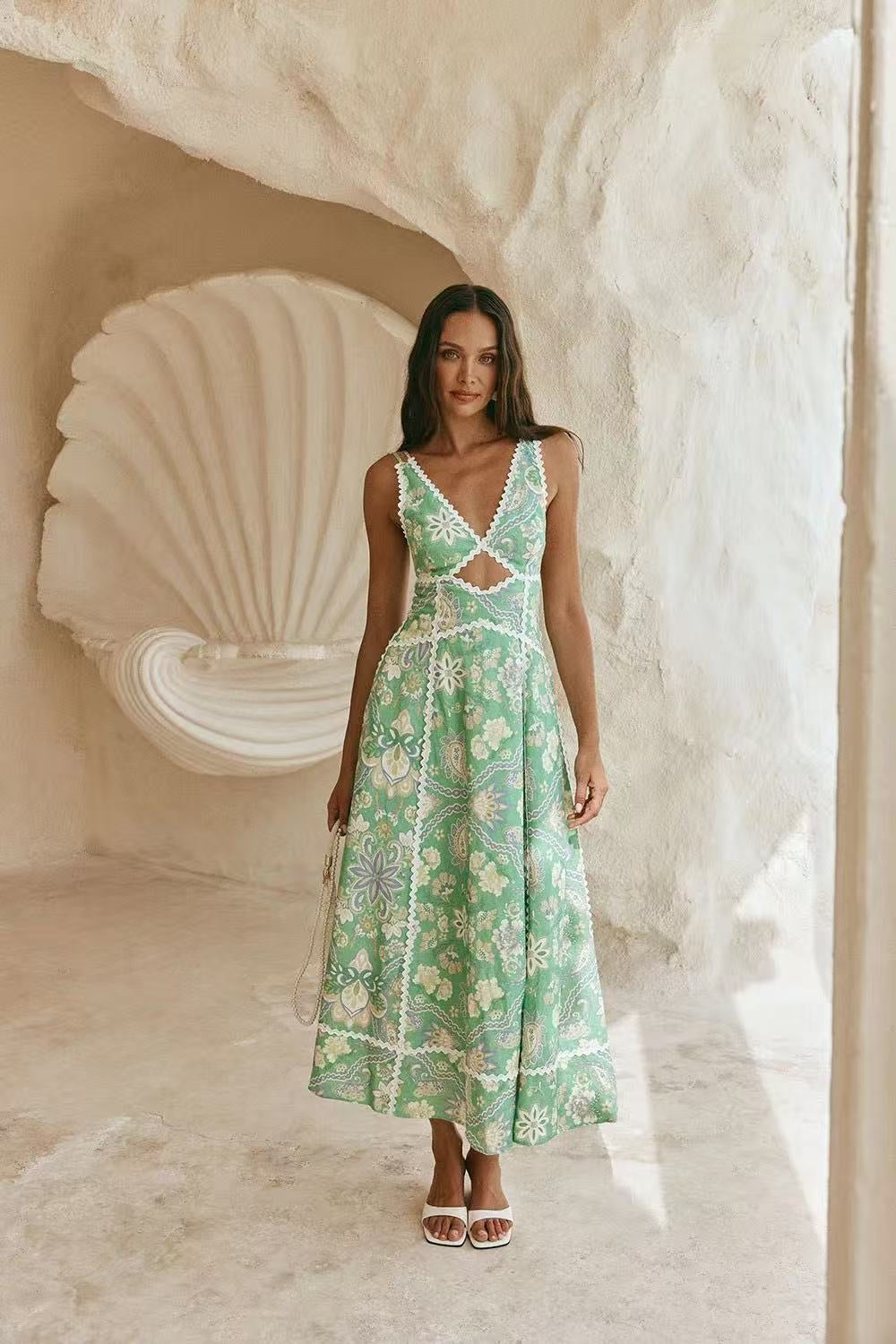 Tamara green floral linen dress