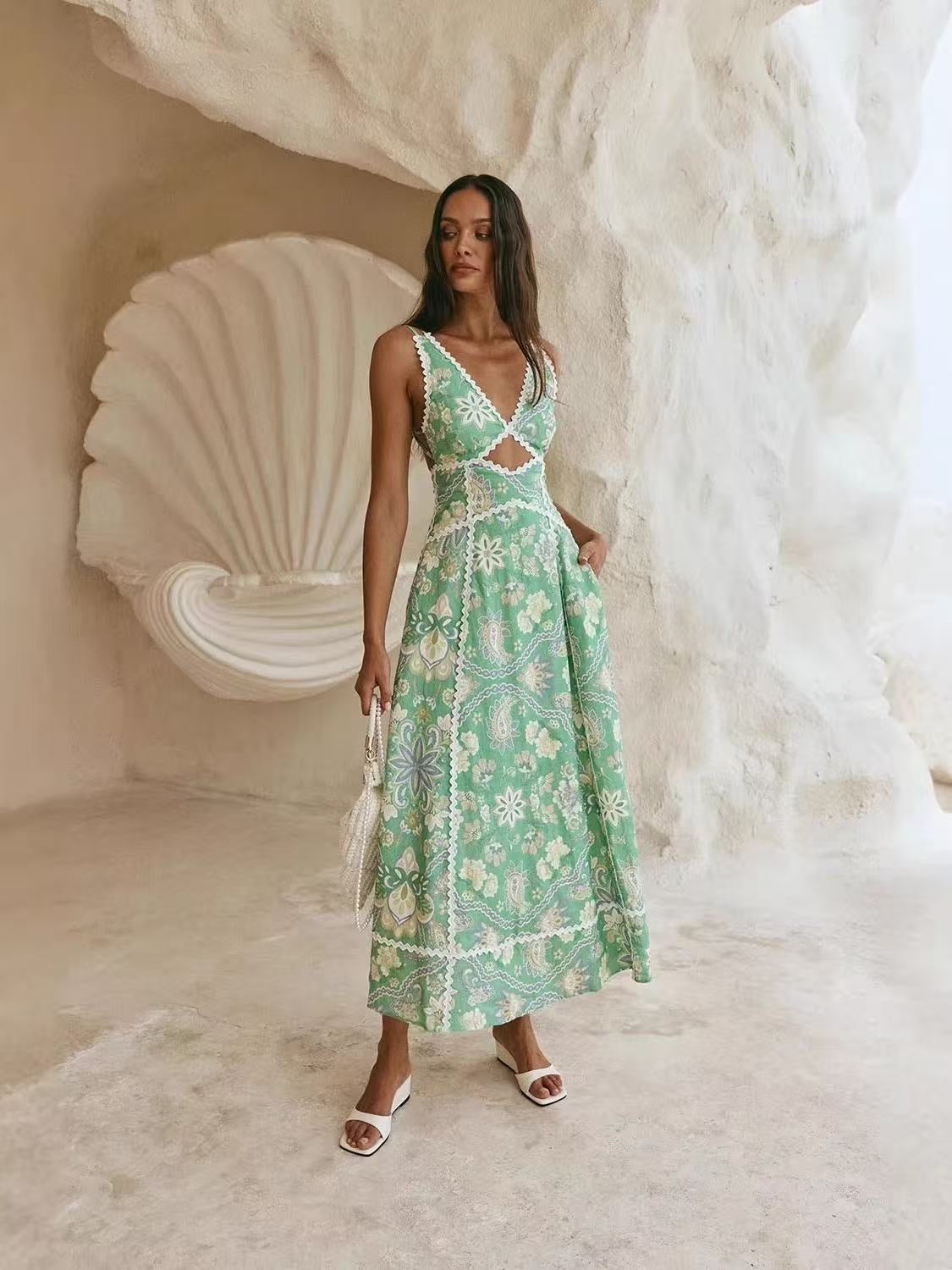 Tamara green floral linen dress