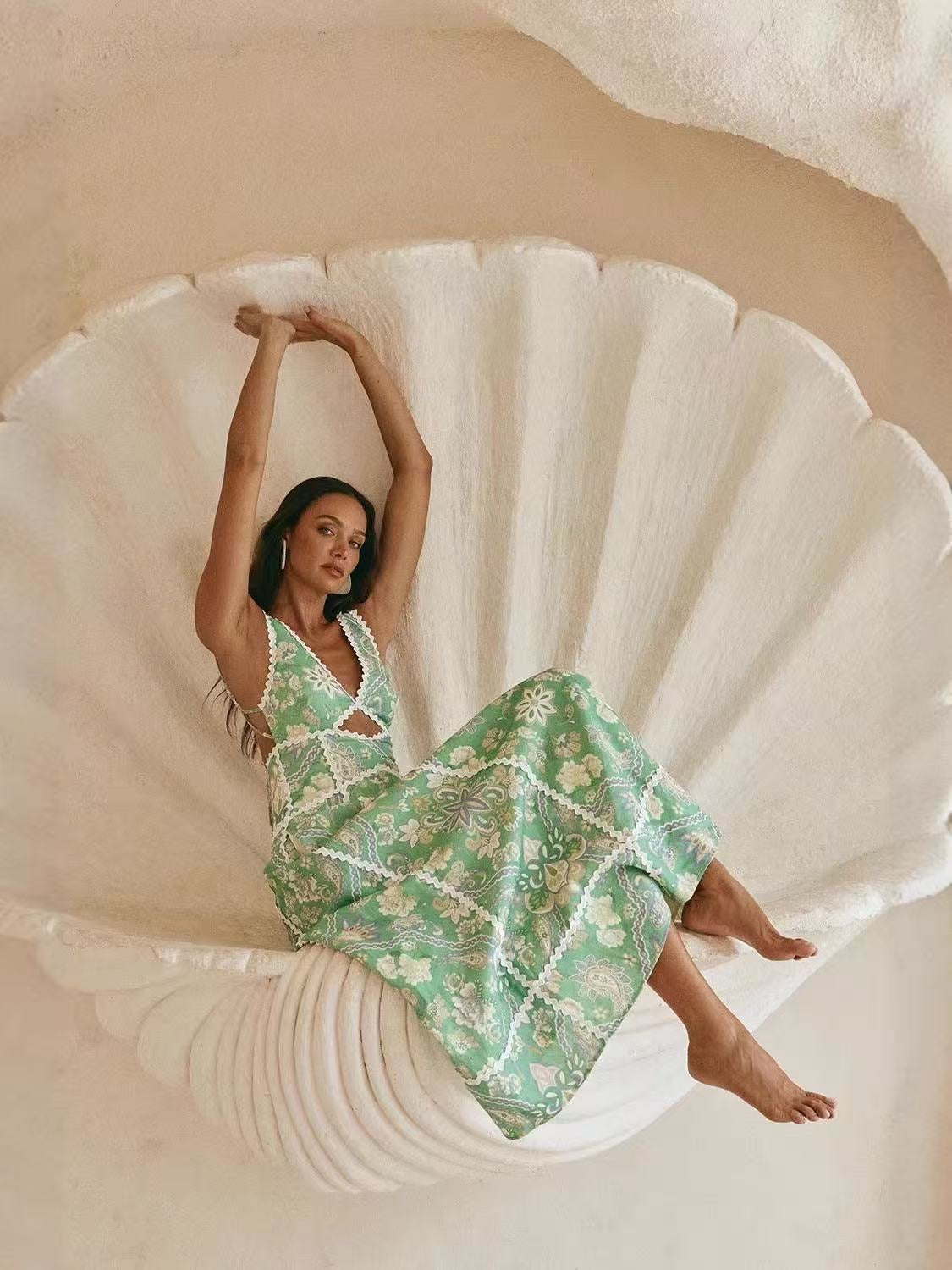 Tamara green floral linen dress