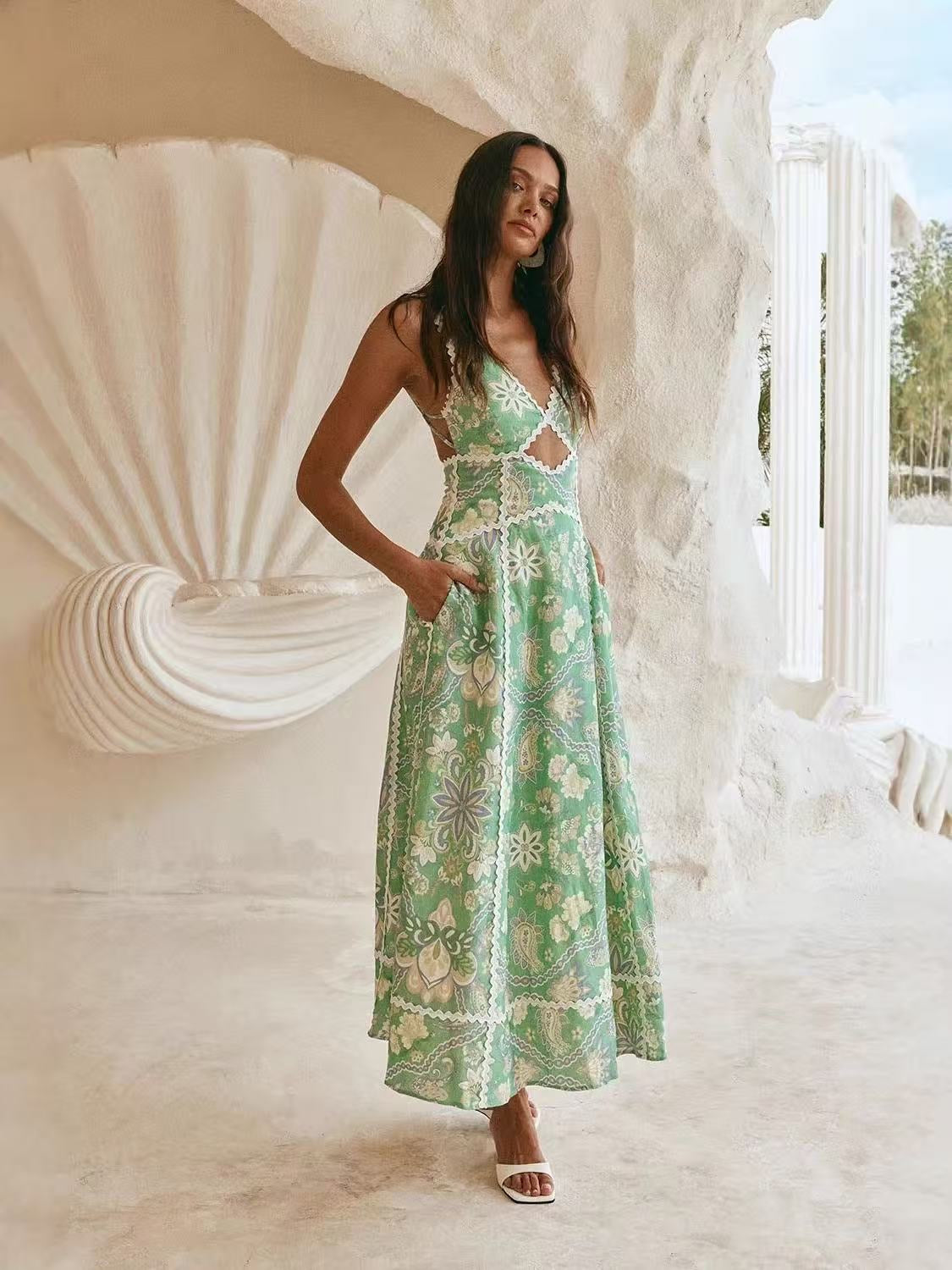 Tamara green floral linen dress