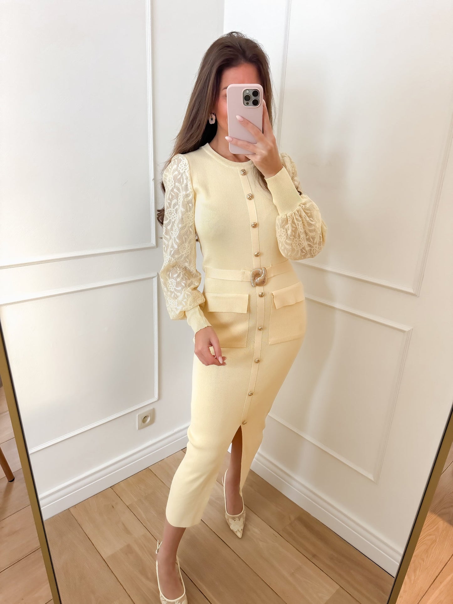 Suri yellow lace sleeve midi dress