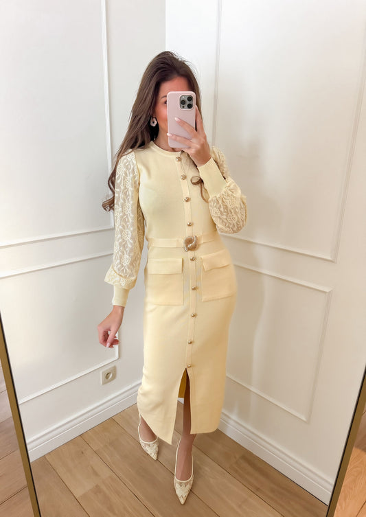 Suri yellow lace sleeve midi dress