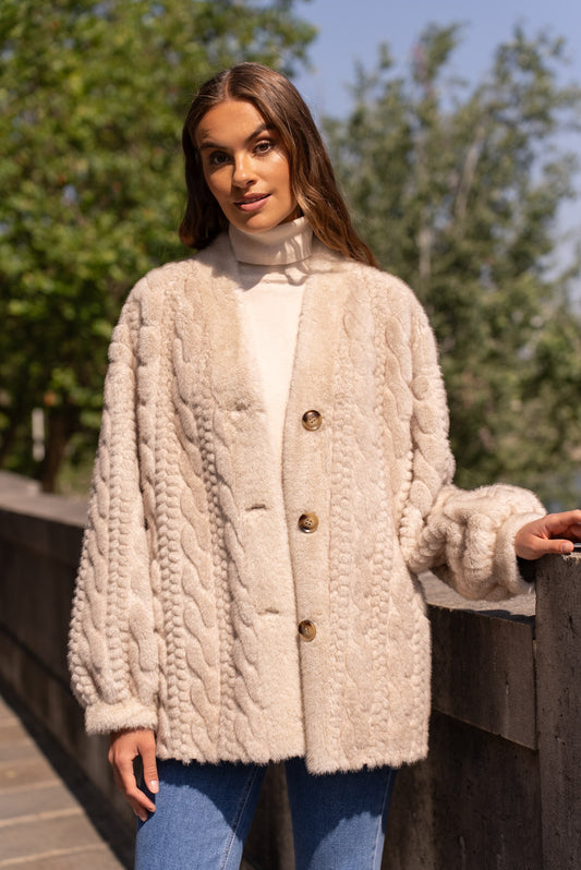 Adeline beige thick faux fur cable jacket