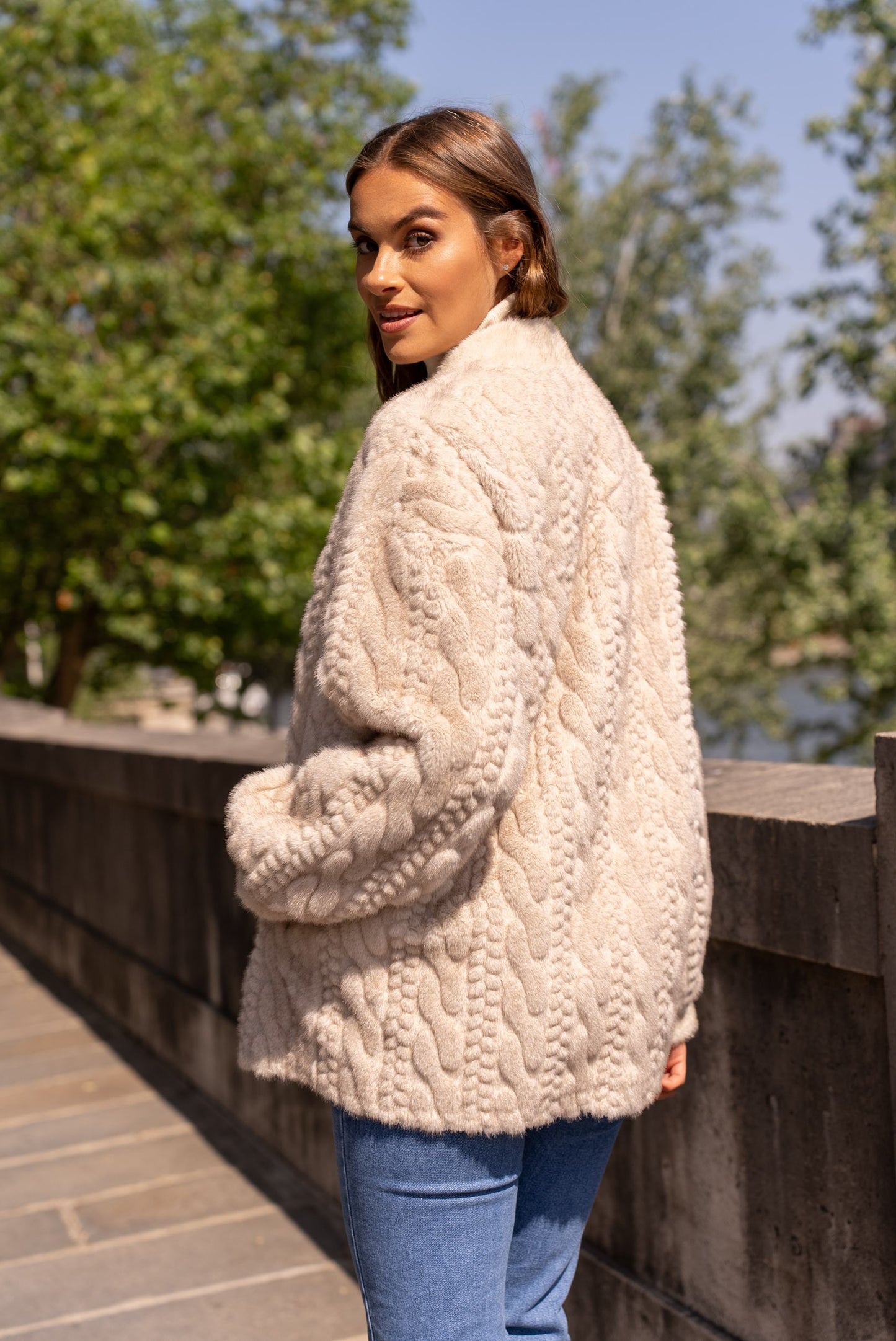 Adeline beige thick faux fur cable jacket