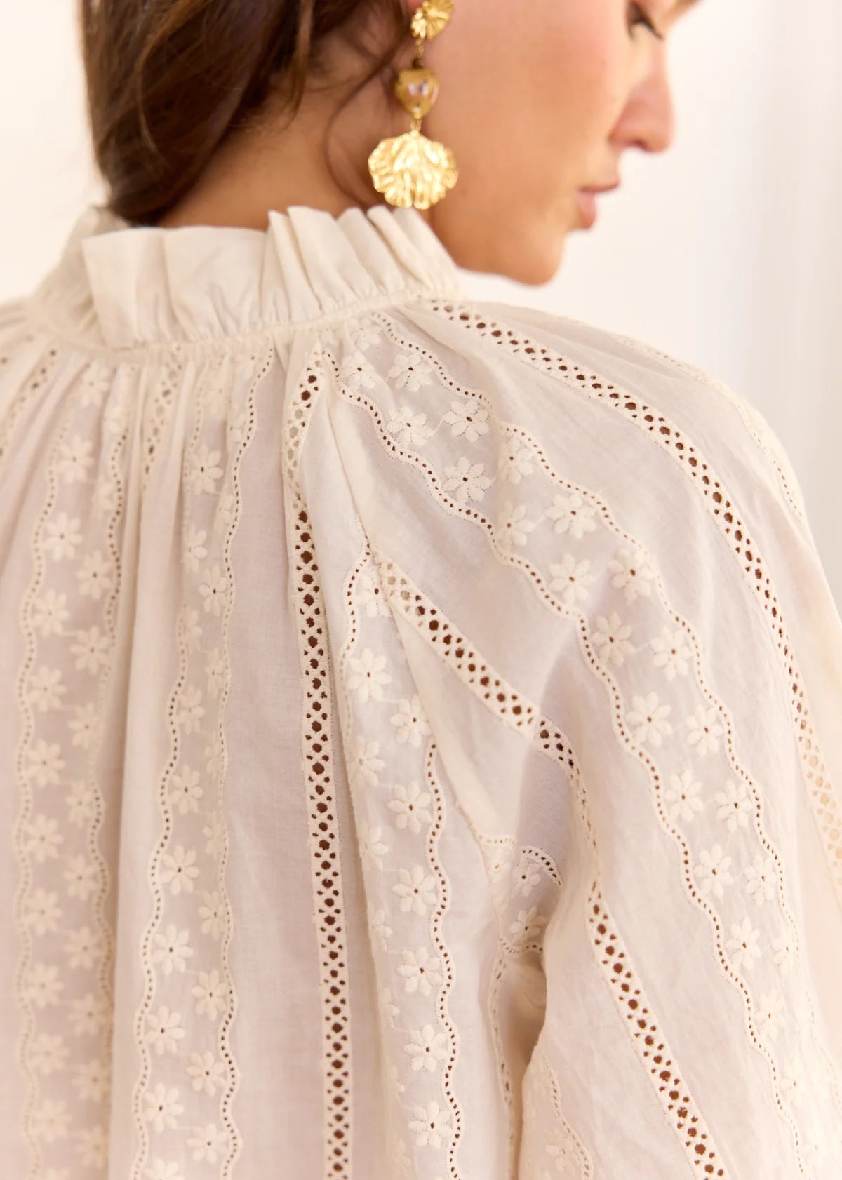 Amelia beige embroidered bow blouse