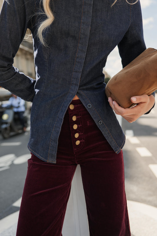 Valentina Wide leg burgundy cord jeans with gold front buttons