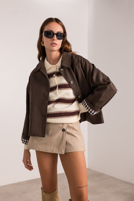 Ivy check cuff chocolate brown short trench coat