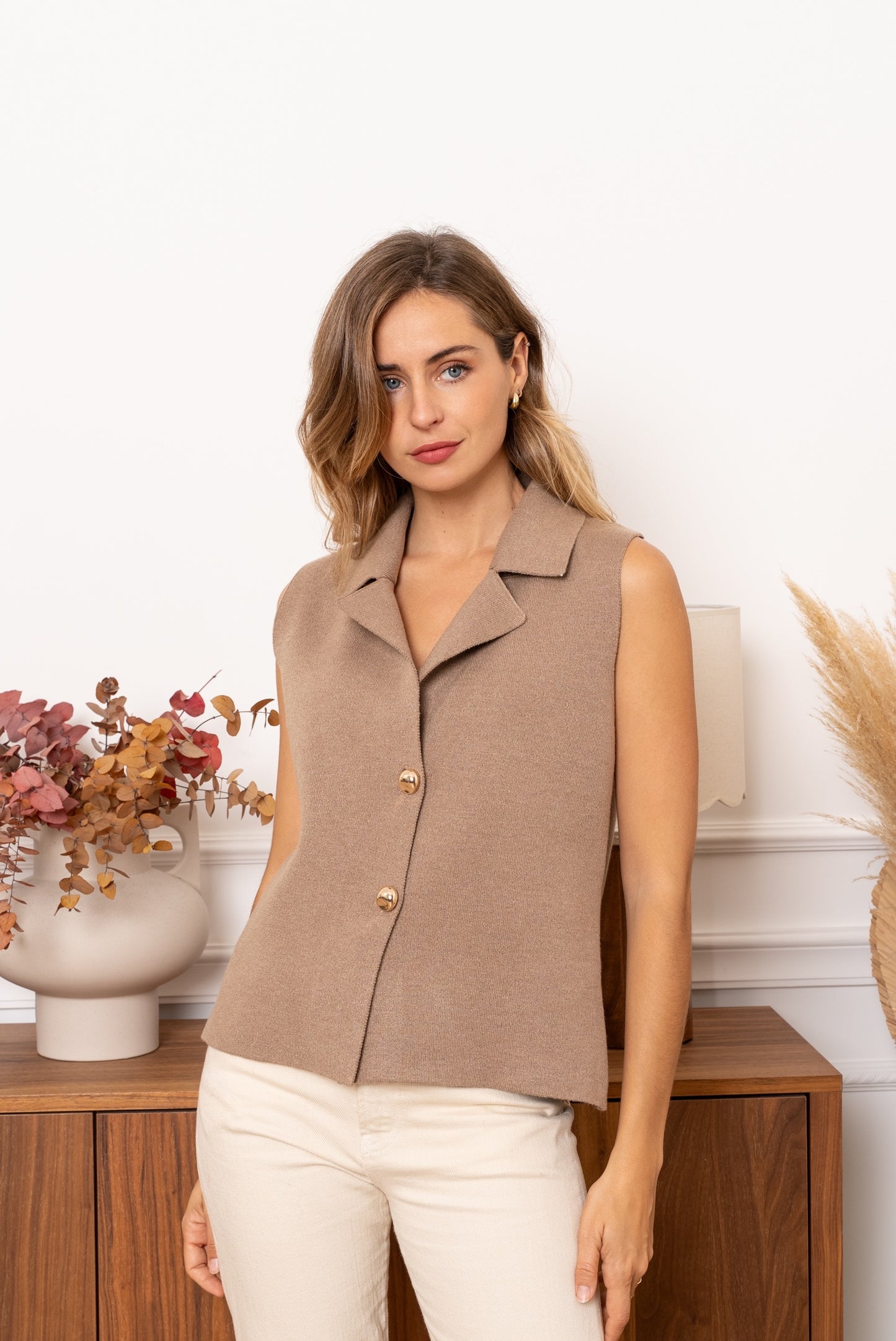 Petra beige waistcoat gold buttons