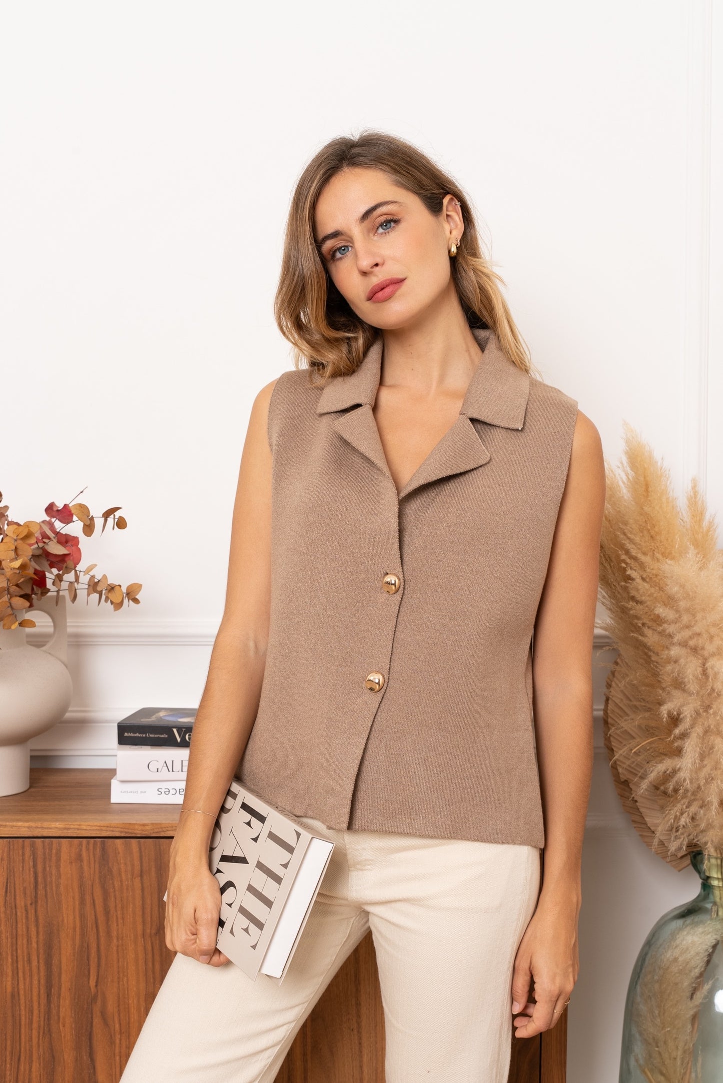 Petra beige waistcoat gold buttons