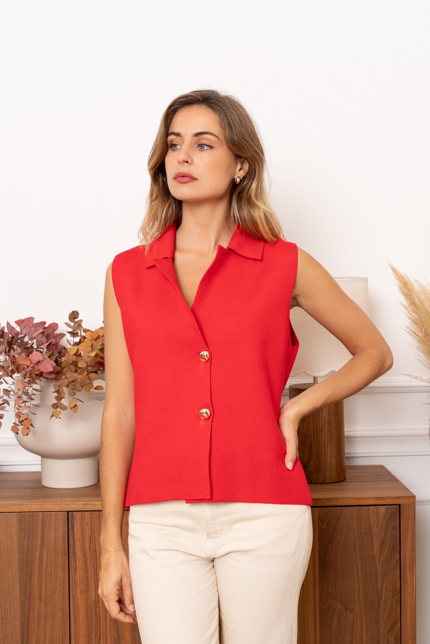 Petra red waistcoat gold buttons