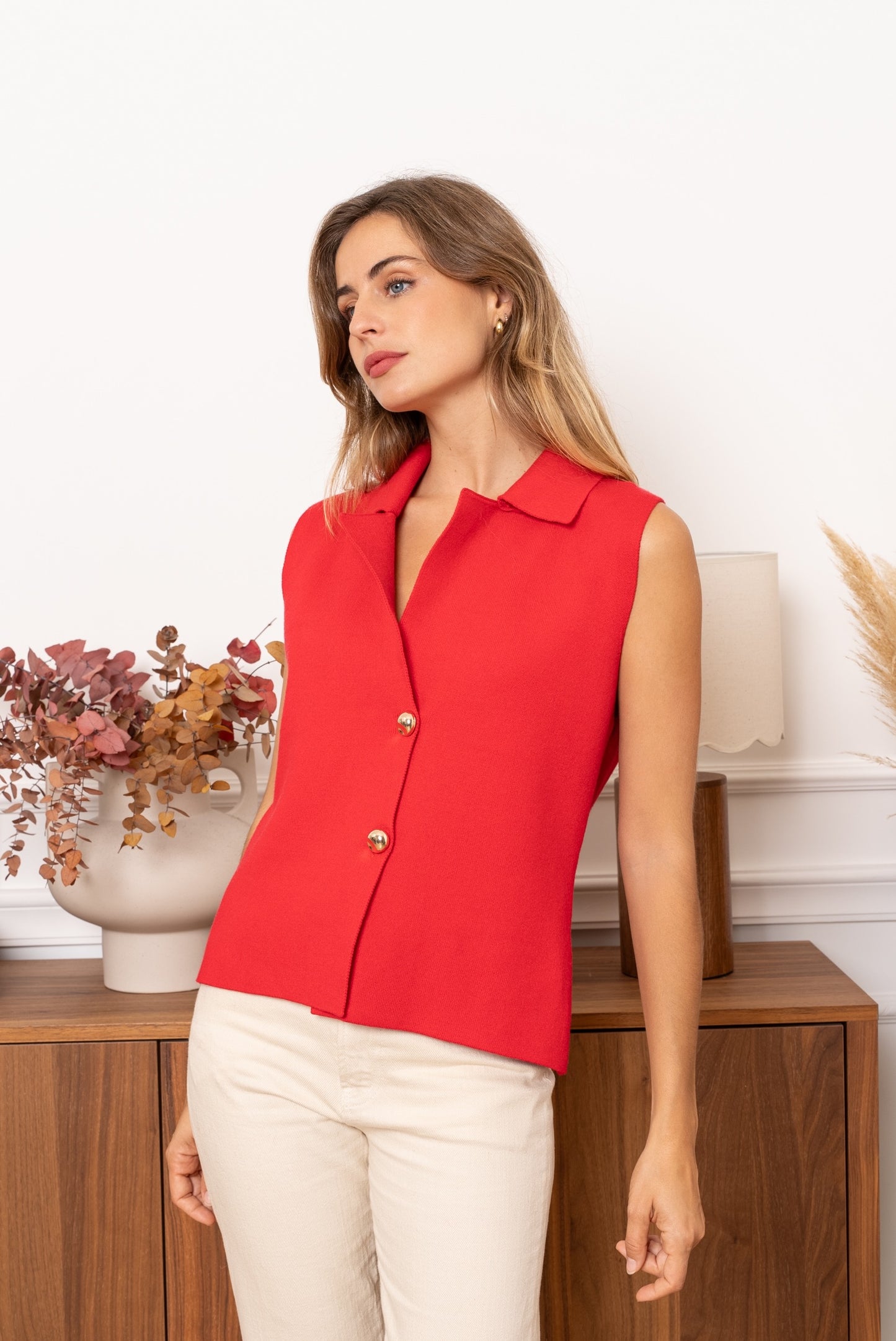 Petra red waistcoat gold buttons