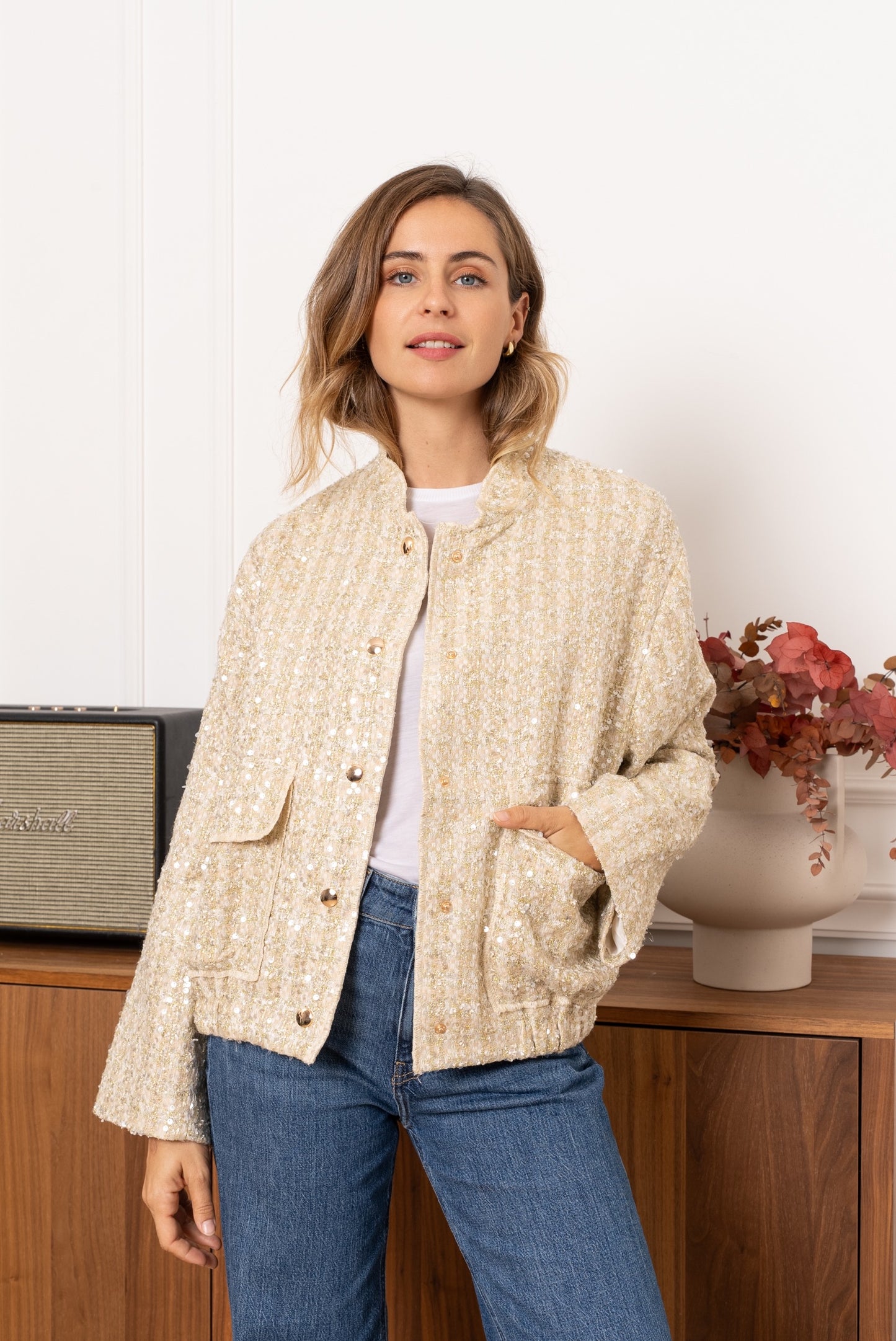 Claudia tweed & sequin gold bomber