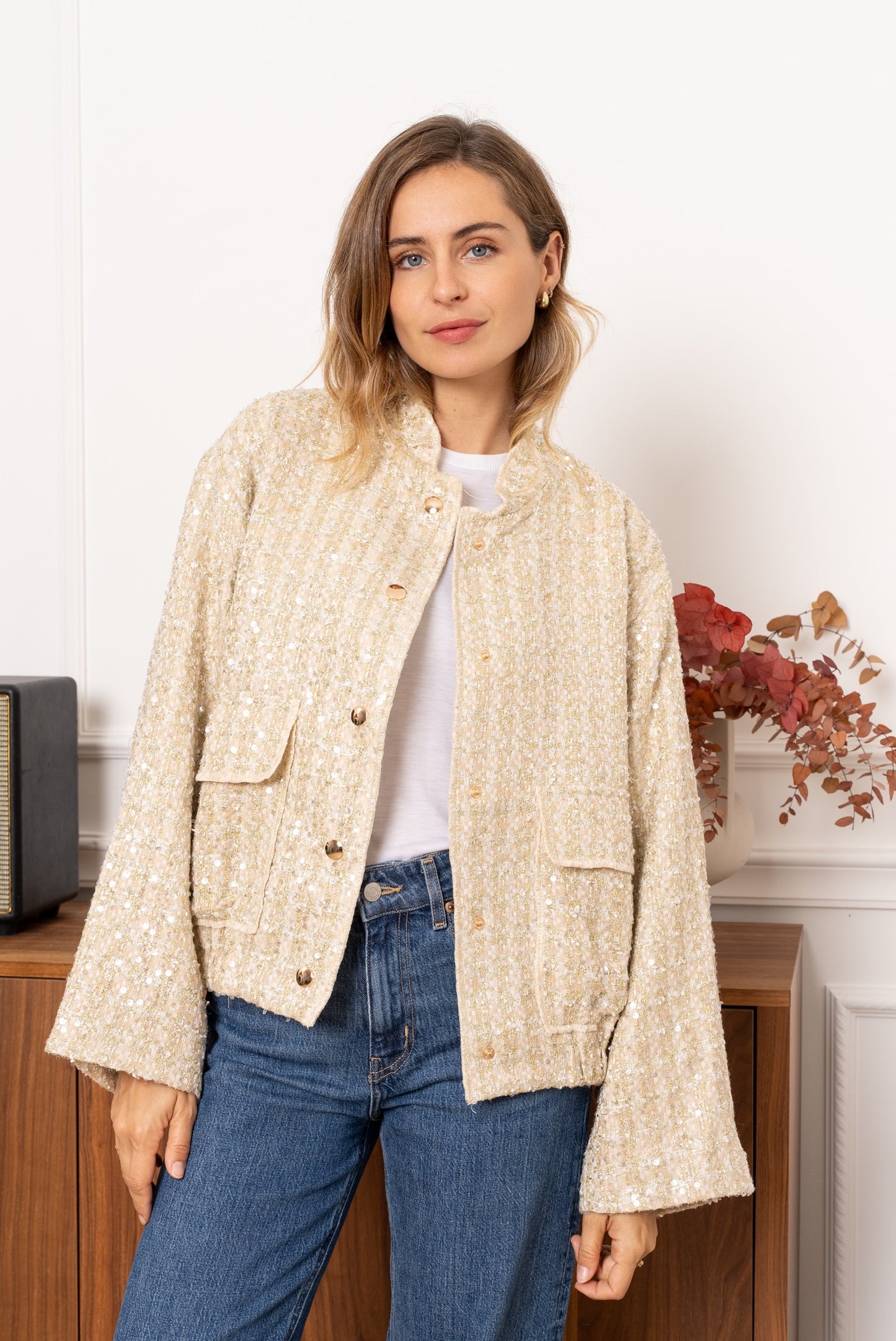 Claudia tweed & sequin gold bomber