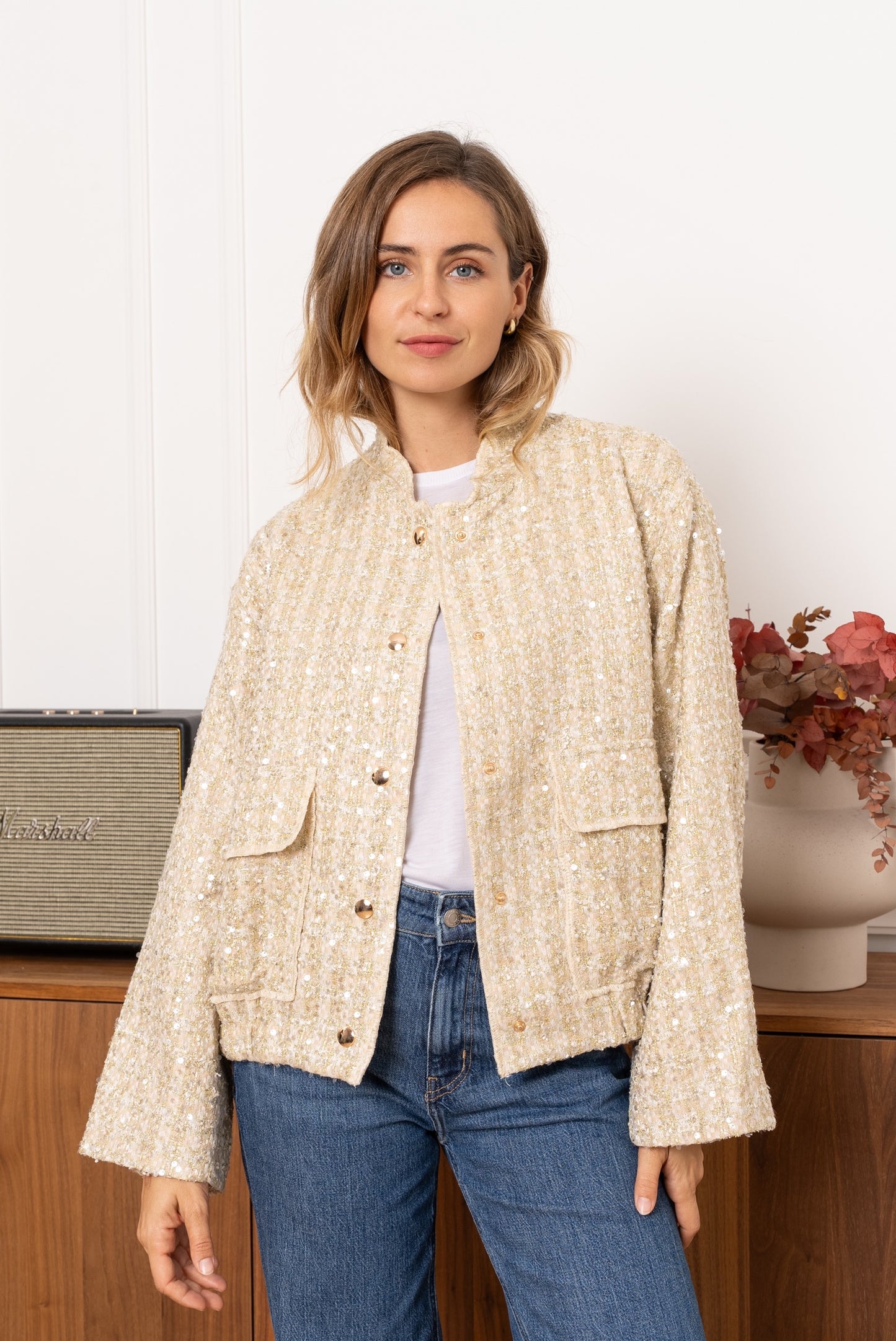 Claudia tweed & sequin gold bomber