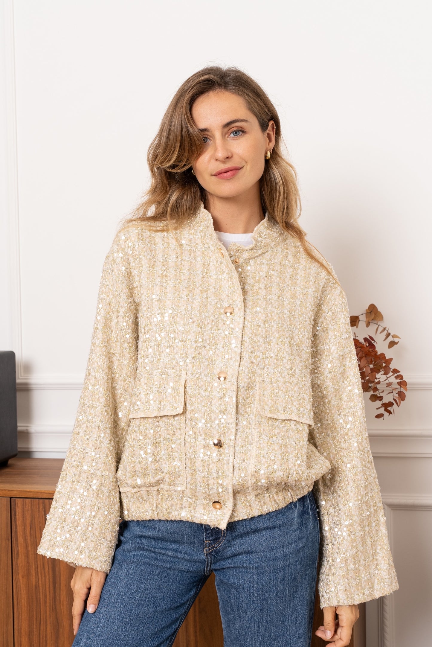 Claudia tweed & sequin gold bomber