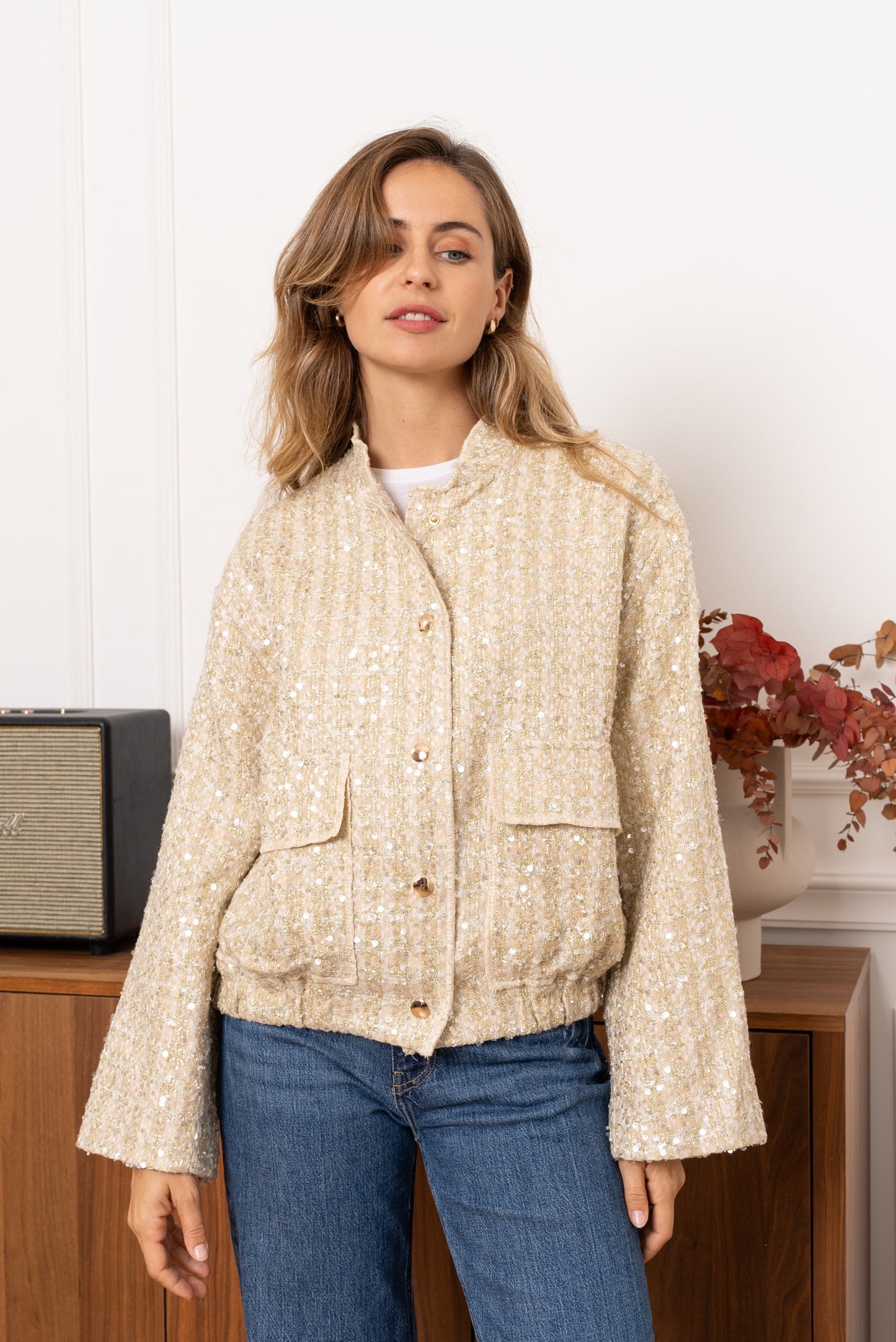 Claudia tweed & sequin gold bomber