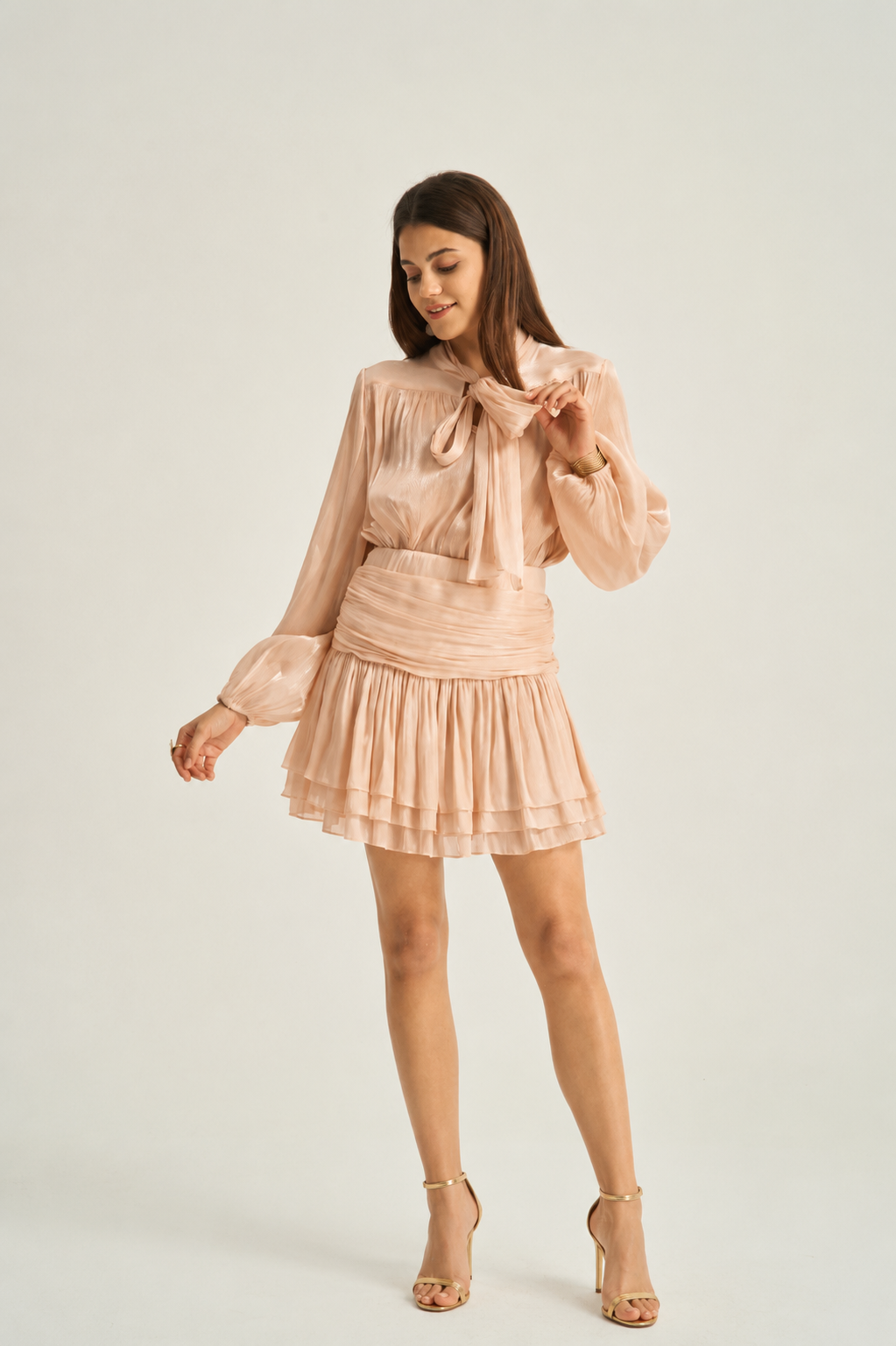 Ava apricot silky blouse & skirt co-ord