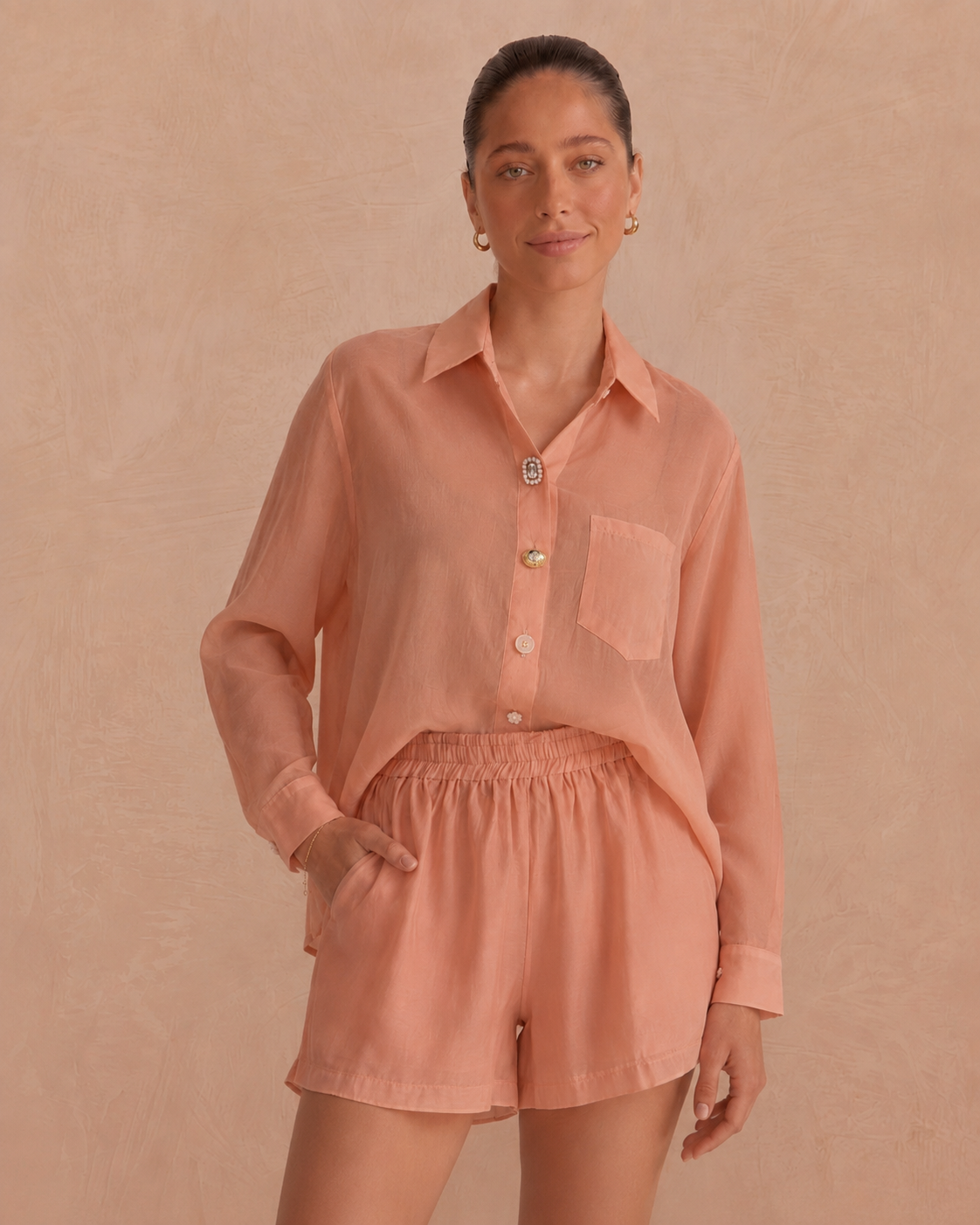 Hazel rose pink shirt & shorts jewelled co-ord