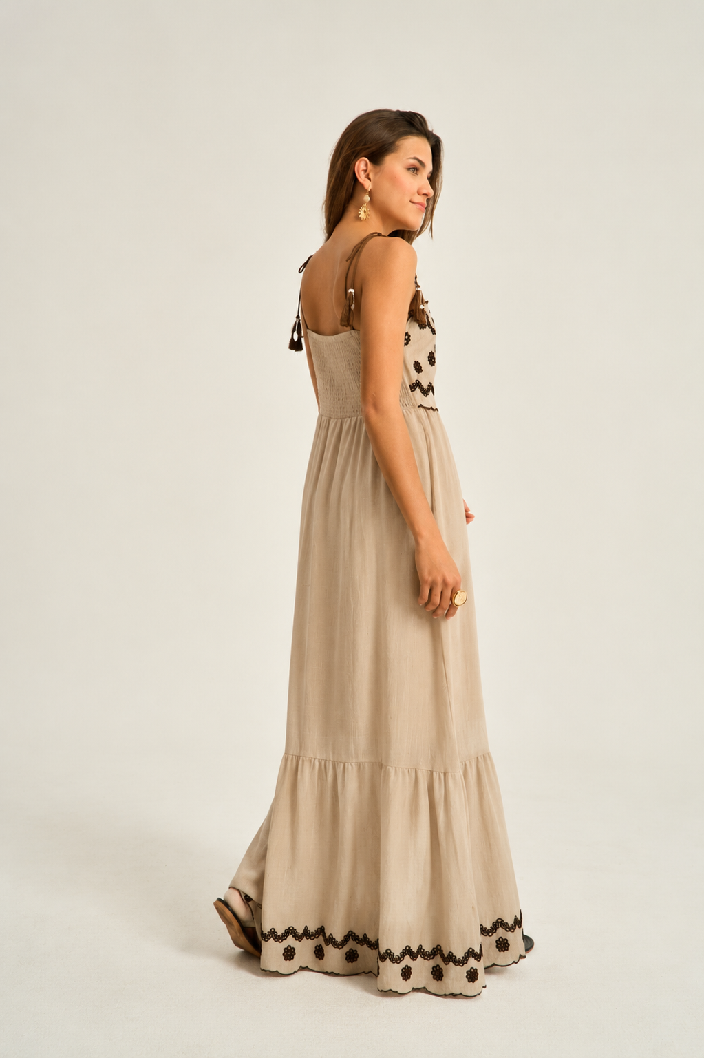 Ivy beige linen embroidered long summer dress