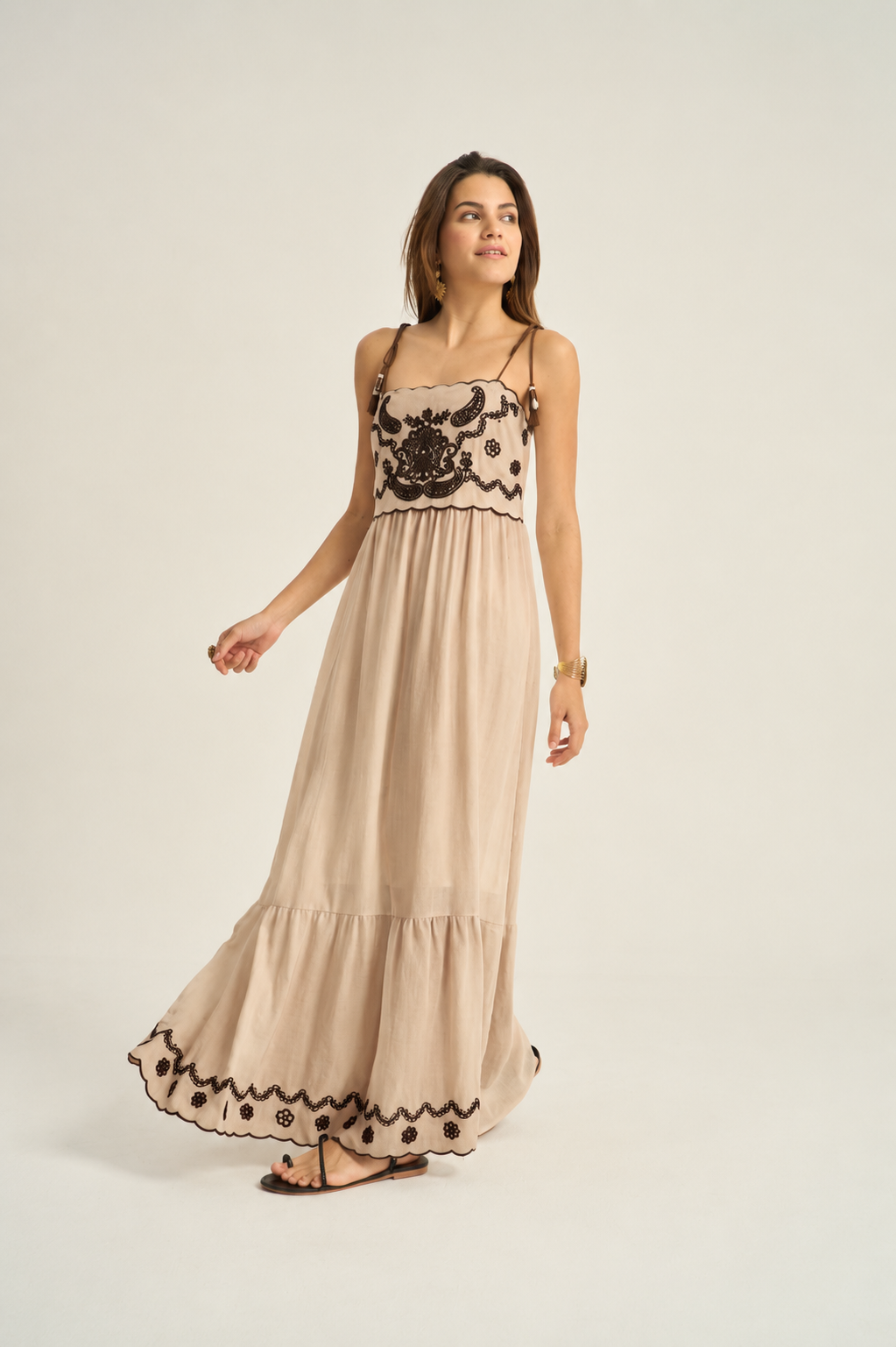 Ivy beige linen embroidered long summer dress